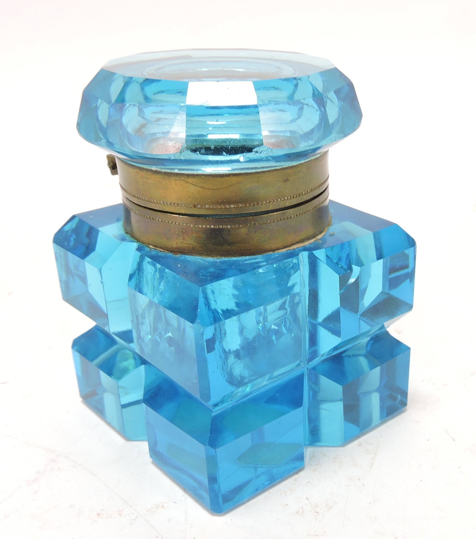 Sapphire blue faceted inkwell, 3": .