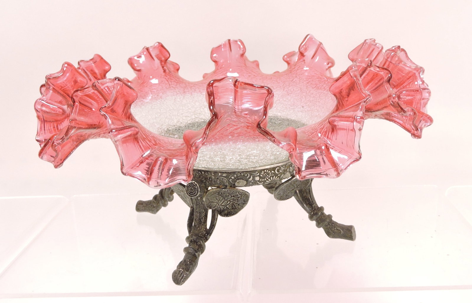 Cranberry overshot bride's bowl and: stand, 10"d