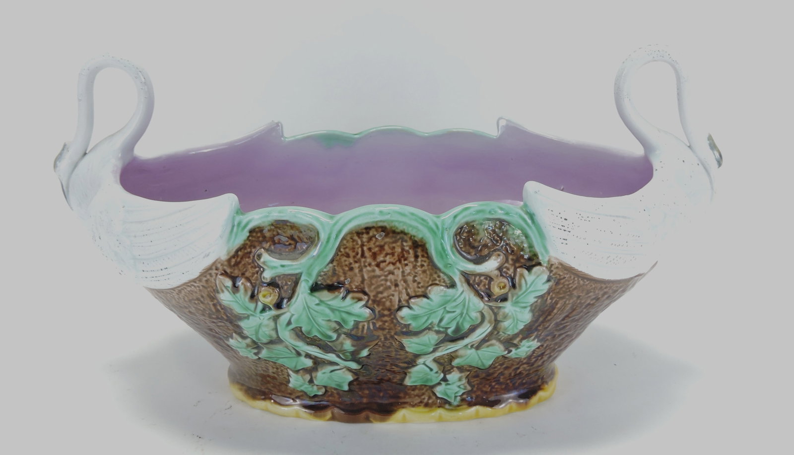 Adams & Bromley (attributed) table center: with white swan handle, bright lavender interior, 7 1/2"h, 13 1/2"w