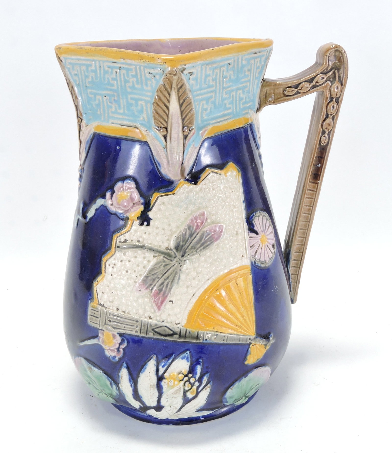 Majolica cobalt dragonfly and fan pitcher, (1 of 2)