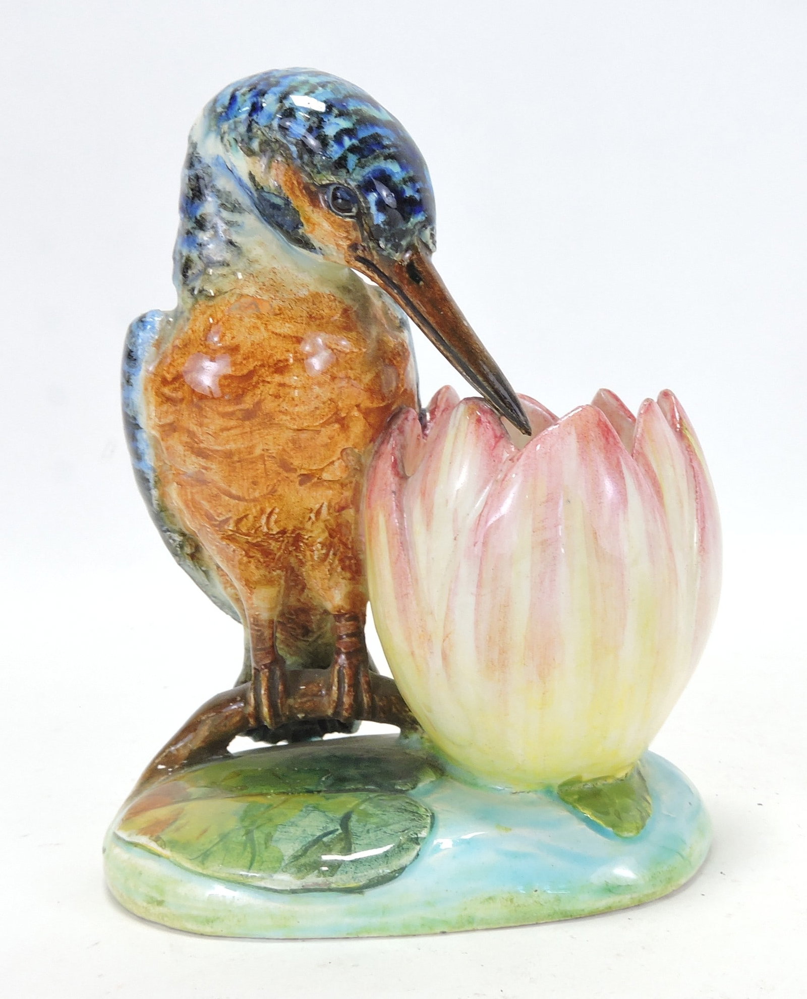 Delphin Massier majolica rare kingfisher: spill vase, 5 1/2"