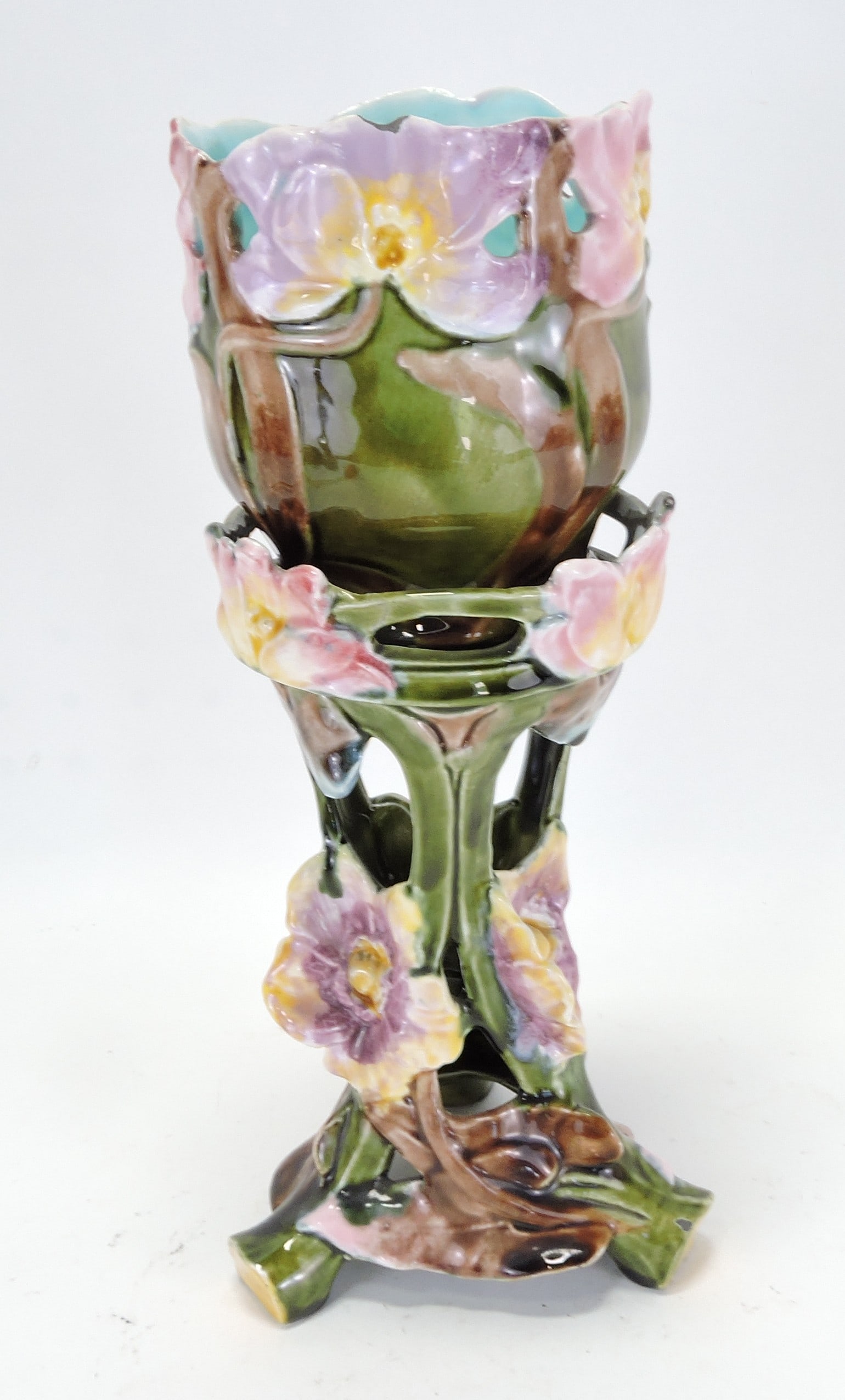 Continental majolica 2 piece jardiniere: and pedestal with pansies, 11 1/2"