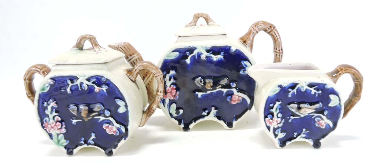 Majolica cobalt 3 pc bird on branch (1 of 1)