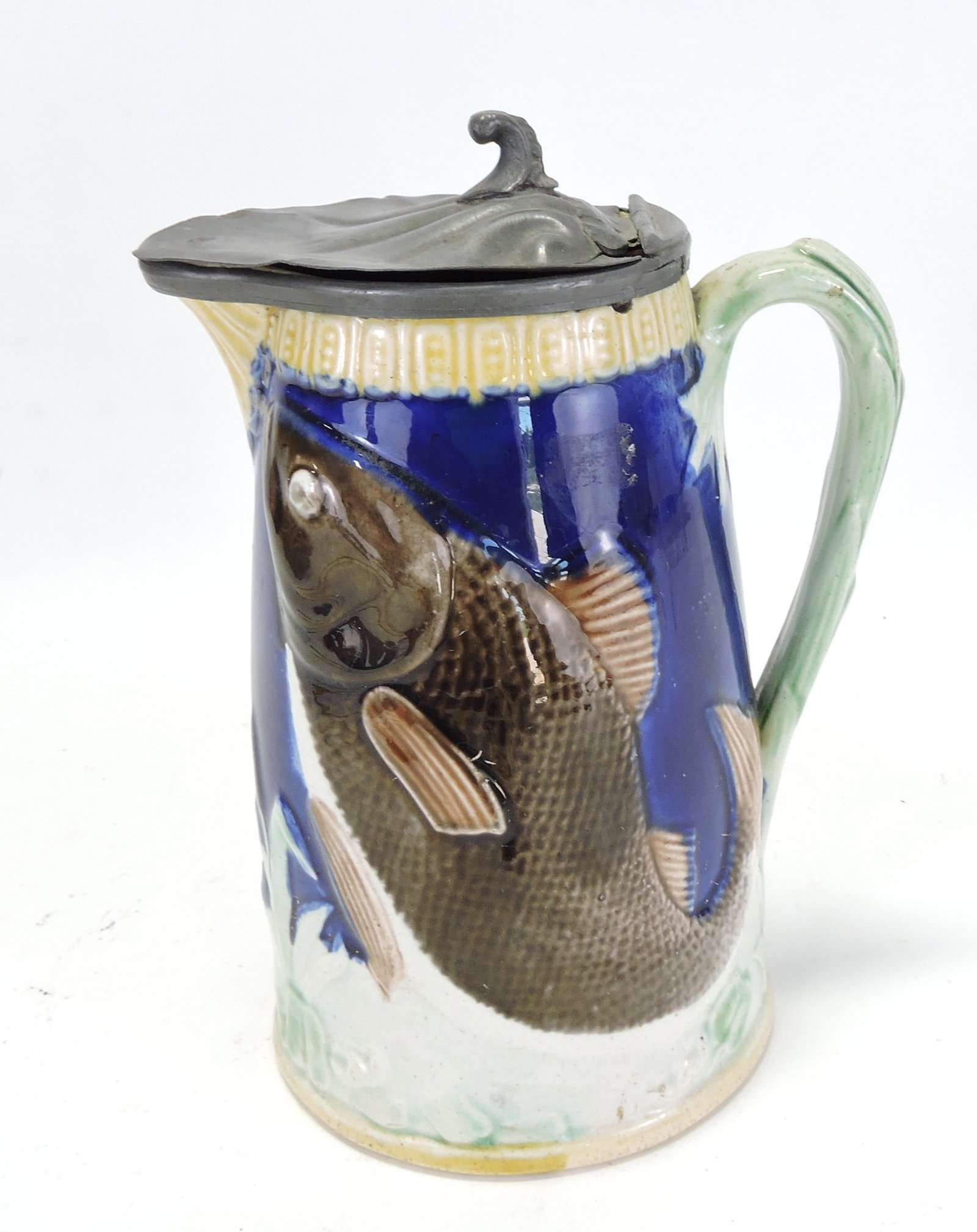 Cobalt majolica fish pitcher with pewter: top, 7 1/2"