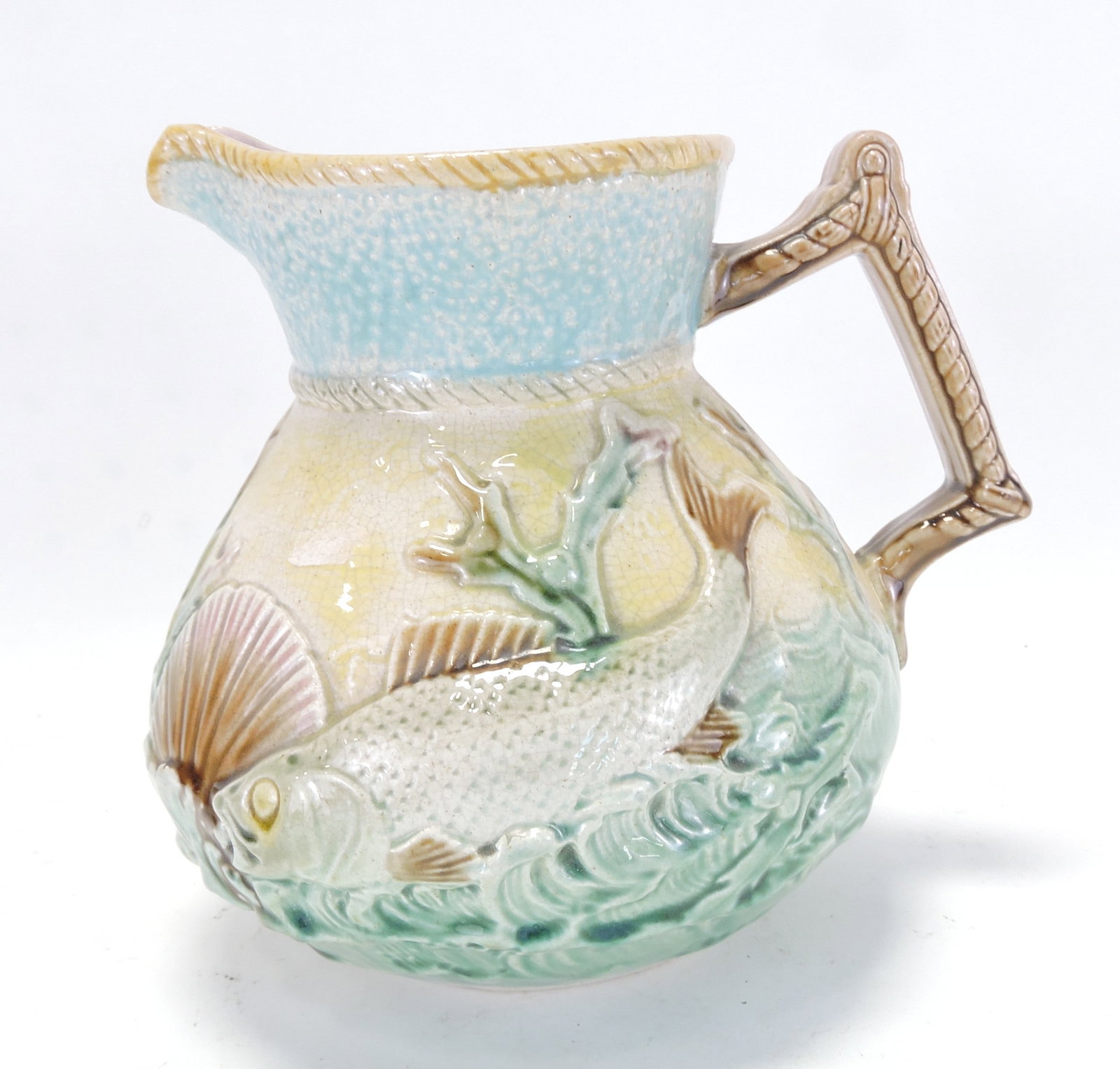 Majolica fish on waves pitcher, 7 1/2" (1 of 1)