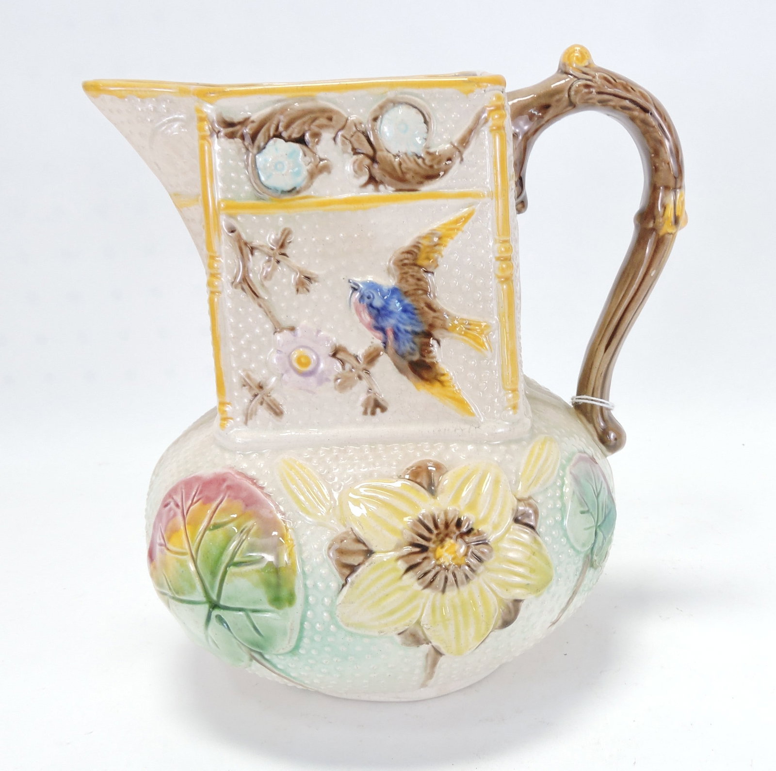 Majolica bird and pond lily pitcher, (1 of 1)