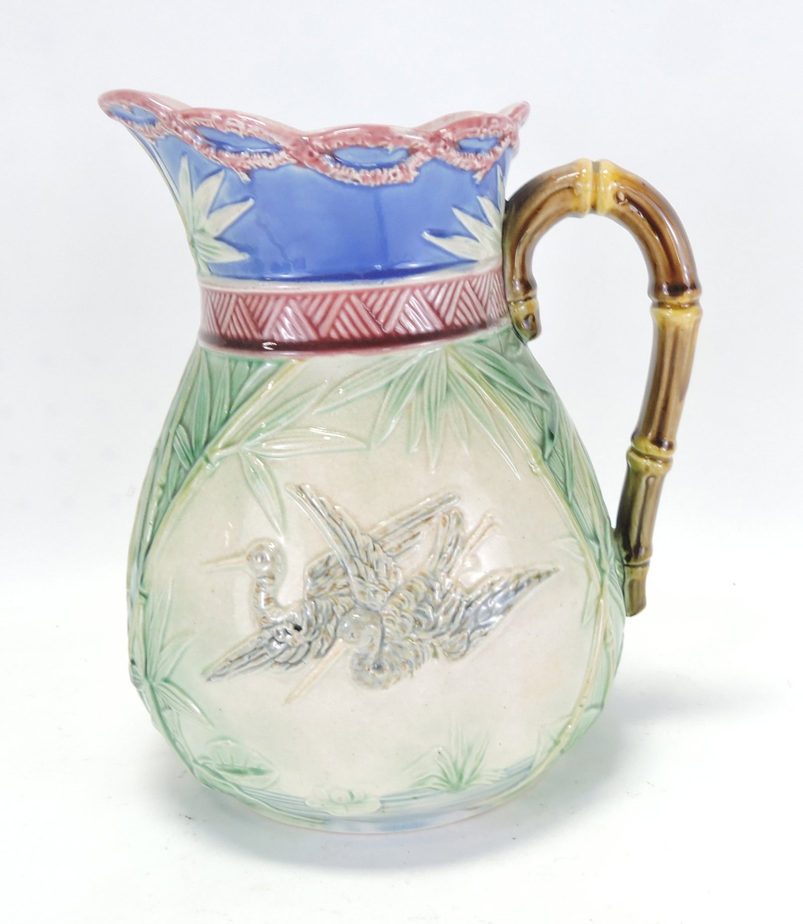 Majolica cranes in flight pitcher, lavender (1 of 1)