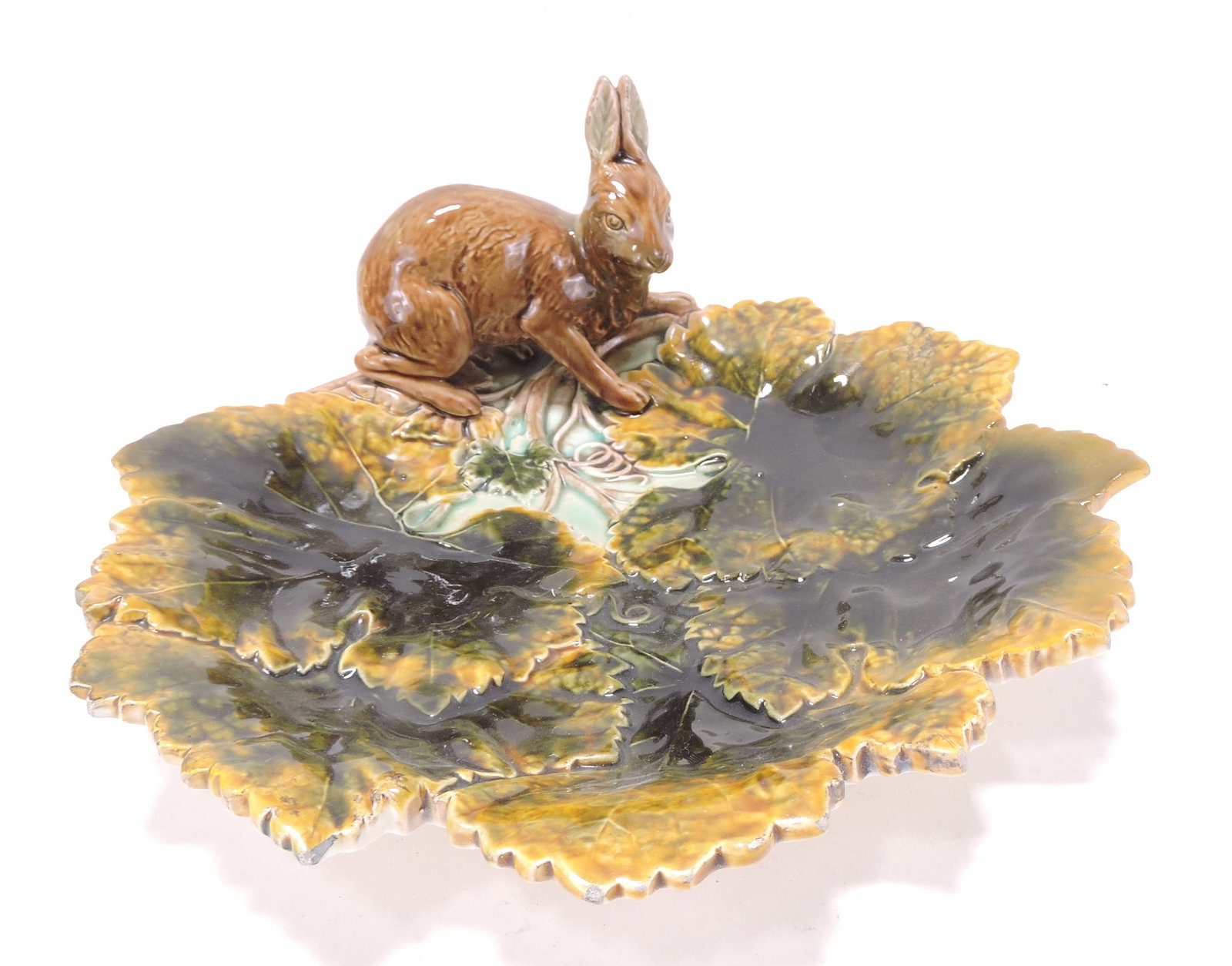 Majolica leaf tray with rare rabbit handle, (1 of 2)