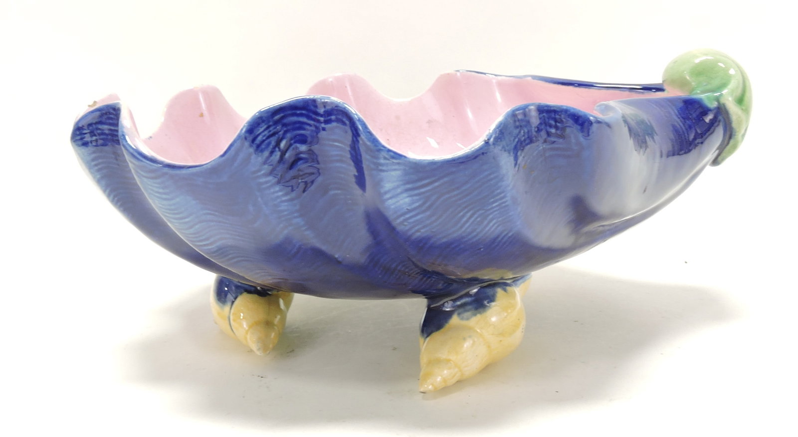 Majolica cobalt shell bowl with three: shell feet, minor rim nick, 10 1/2"w