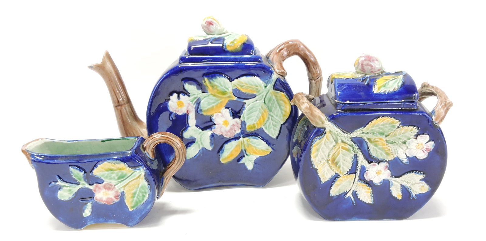 Majolica cobalt floral 3 piece tea set, (1 of 1)
