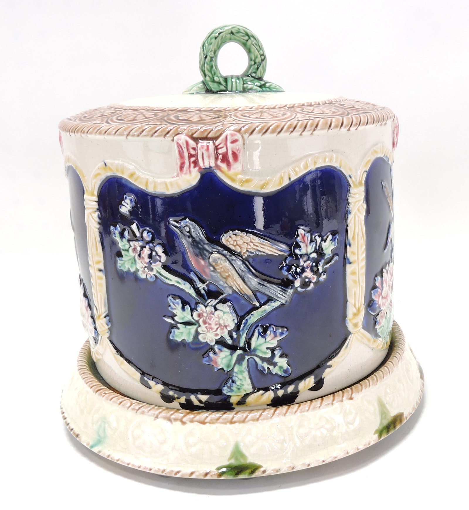 Majolica cheese keeper with cobalt (1 of 2)