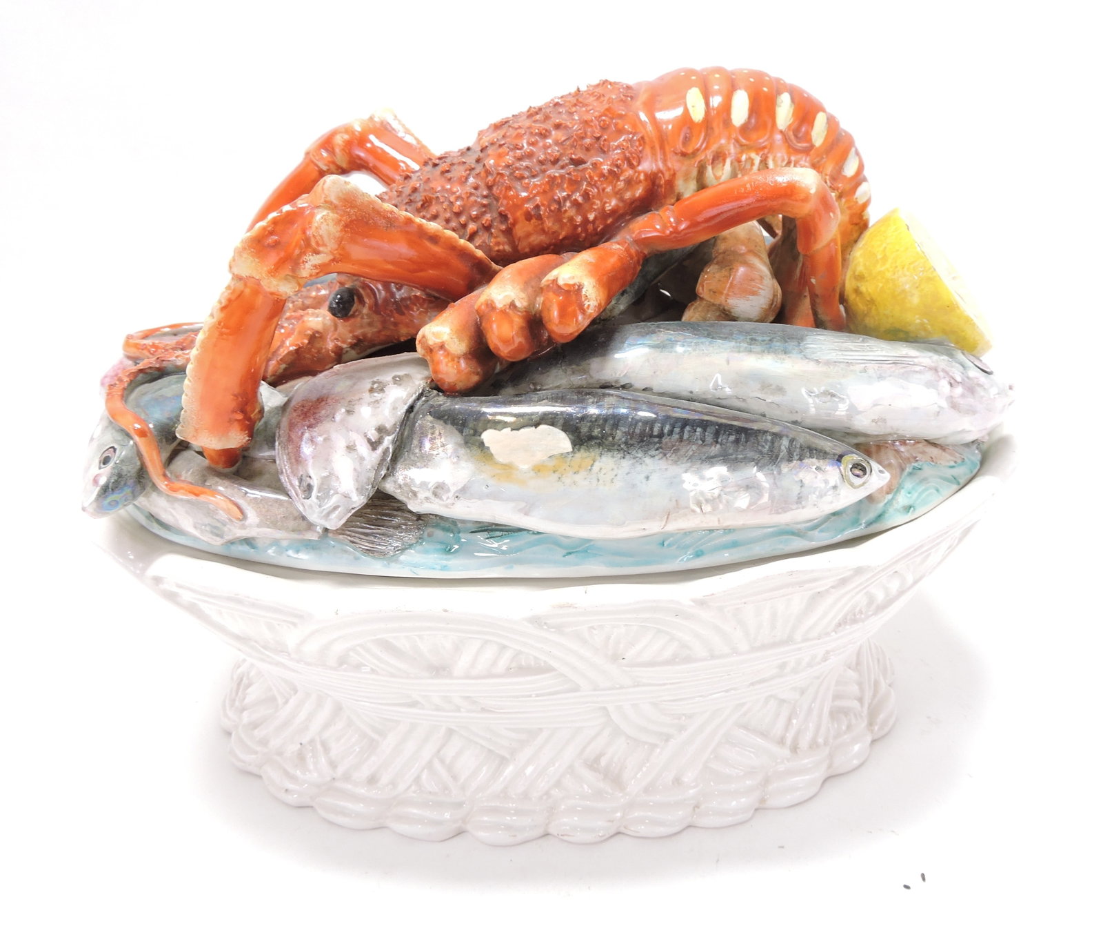 Italian tureen with lobster and fish on: cover, 8 1/2"h, 11 1/2"wm minor glaze loss to one fish