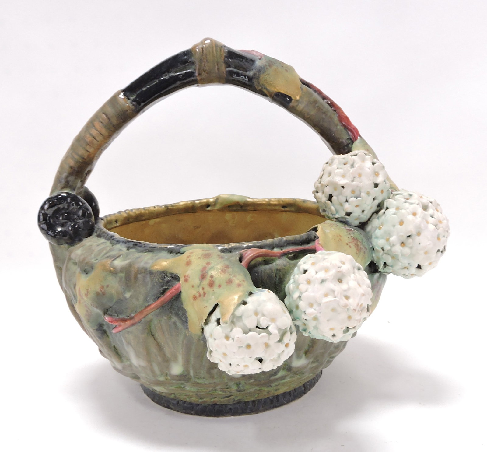 Amphora Teplitz porcelain basket with: flower balls, 11"h, 11"w