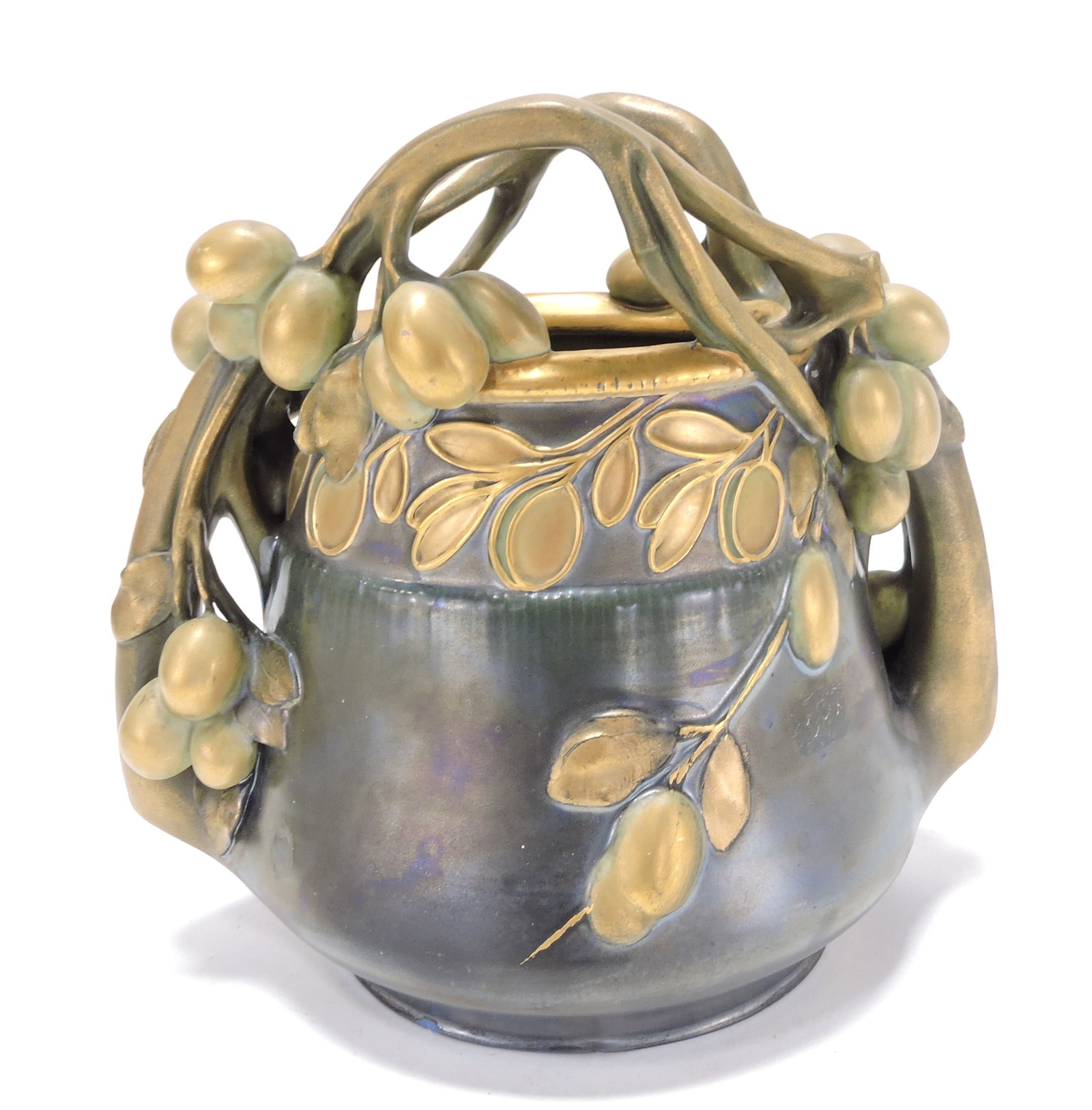 Amphora porcelain vase with grapes,: 8", base foot rim nick