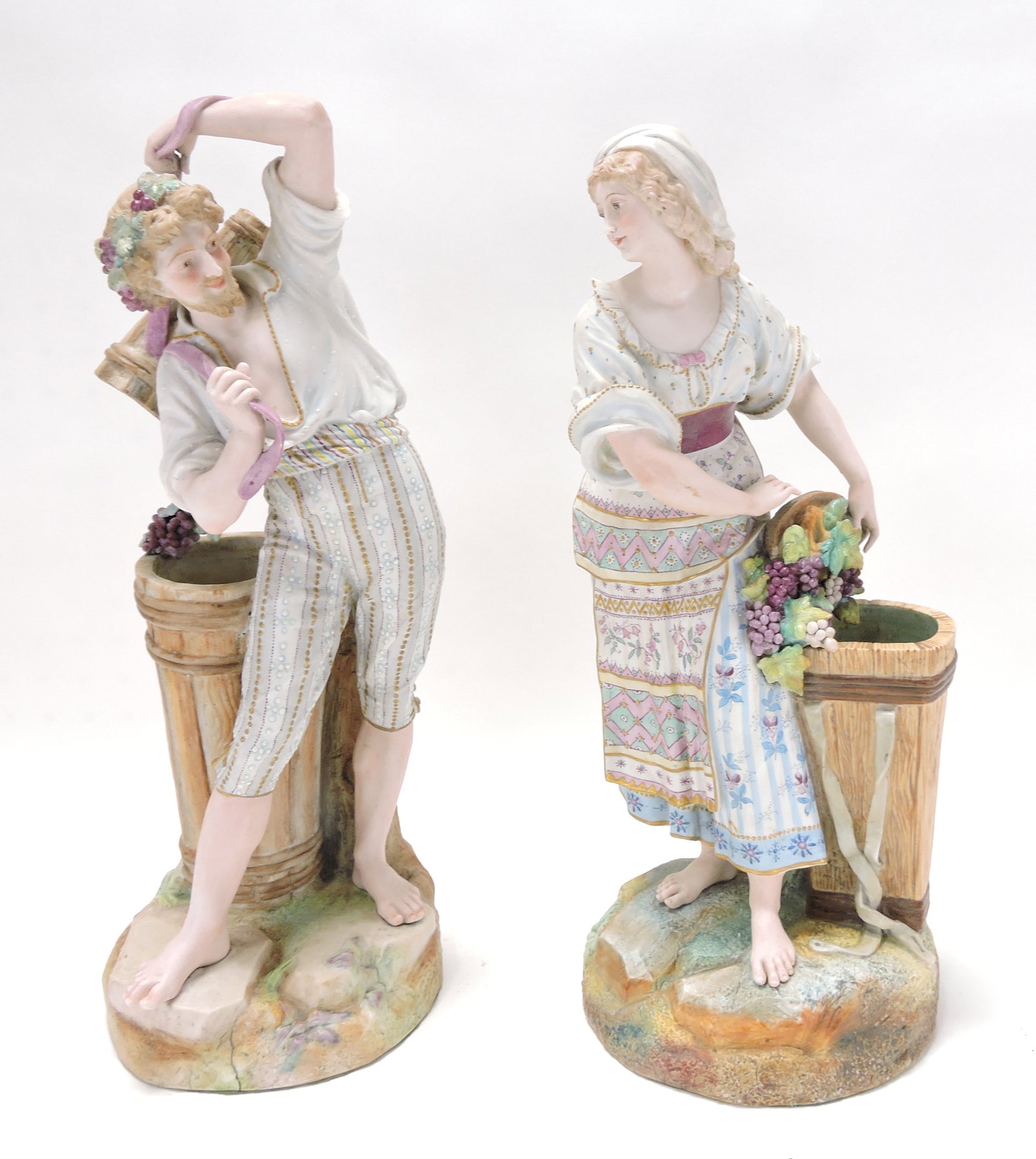 French bisque pair of grape vintager: figures, 15"