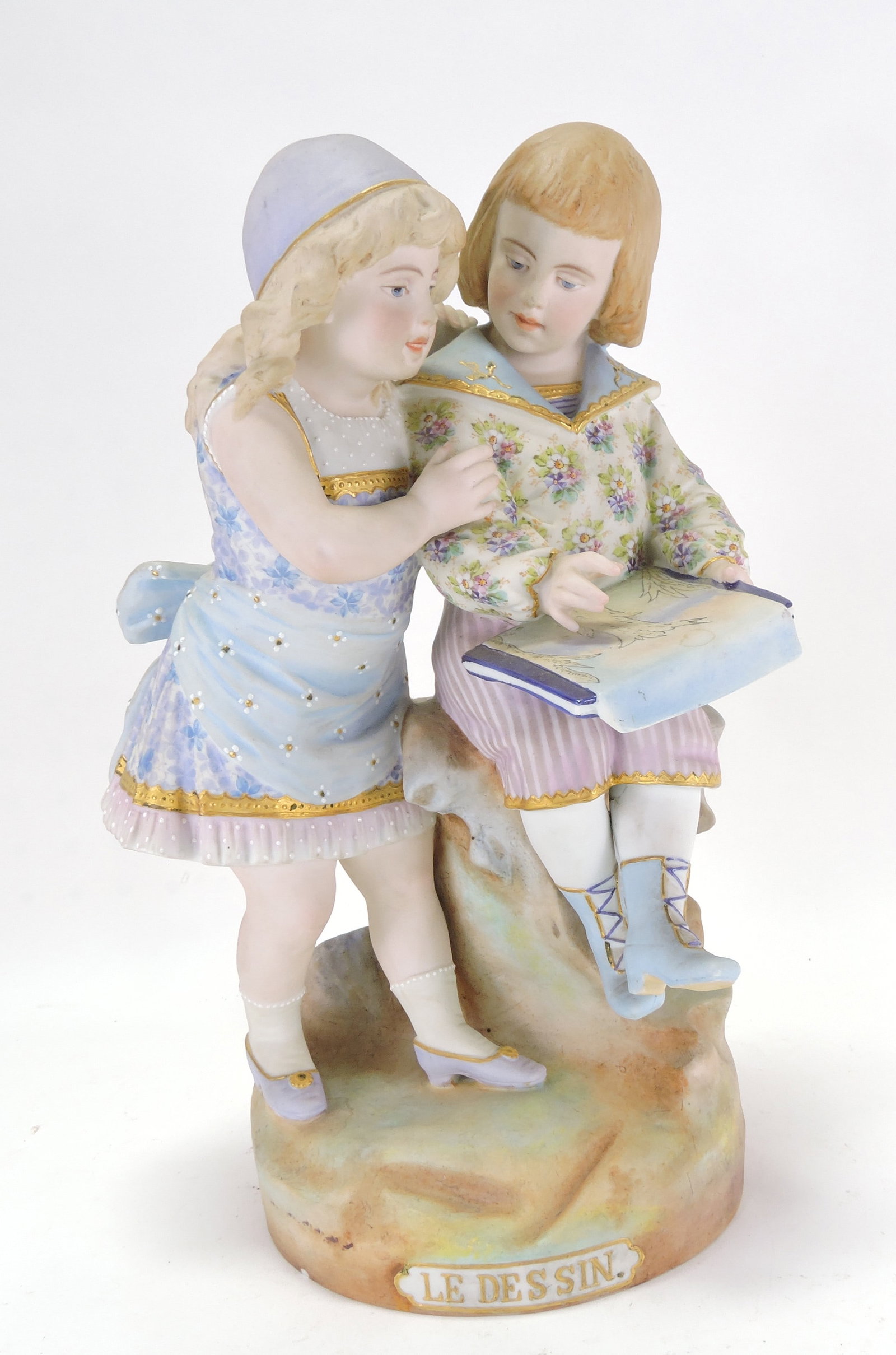 Bisque figure of two children with a: painting, 'Le Dessin', 17"