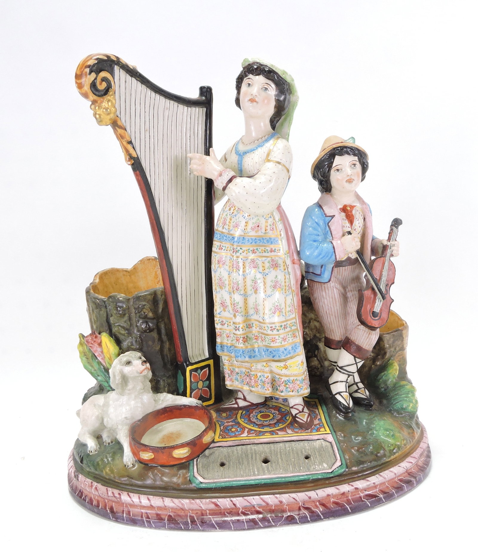 French porcelain figural group:: lady with harp, boy with violin and dog, 12"
