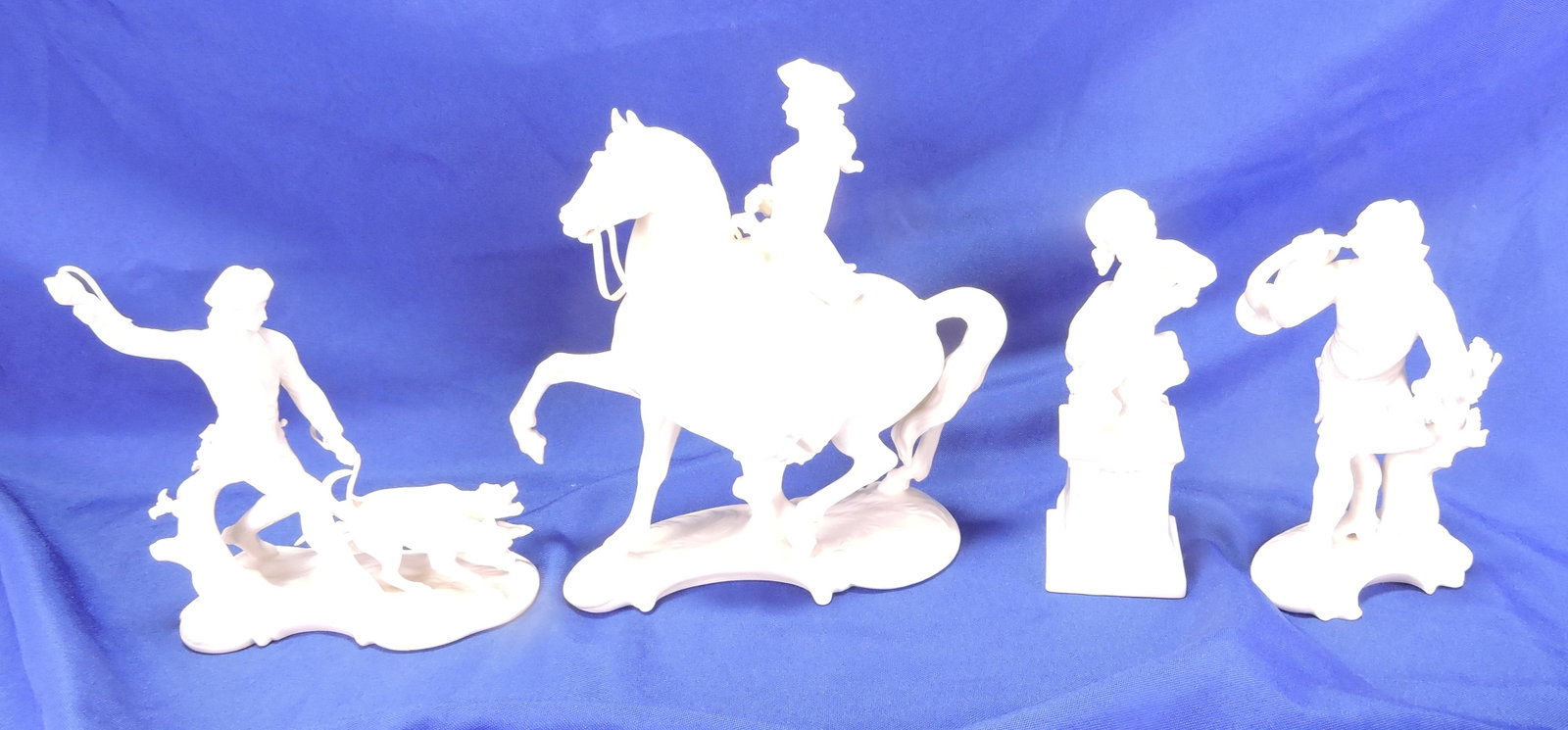Nymphenburg porcelain lot of 4 figures,: 6" to 9", professional repair to lady on horse