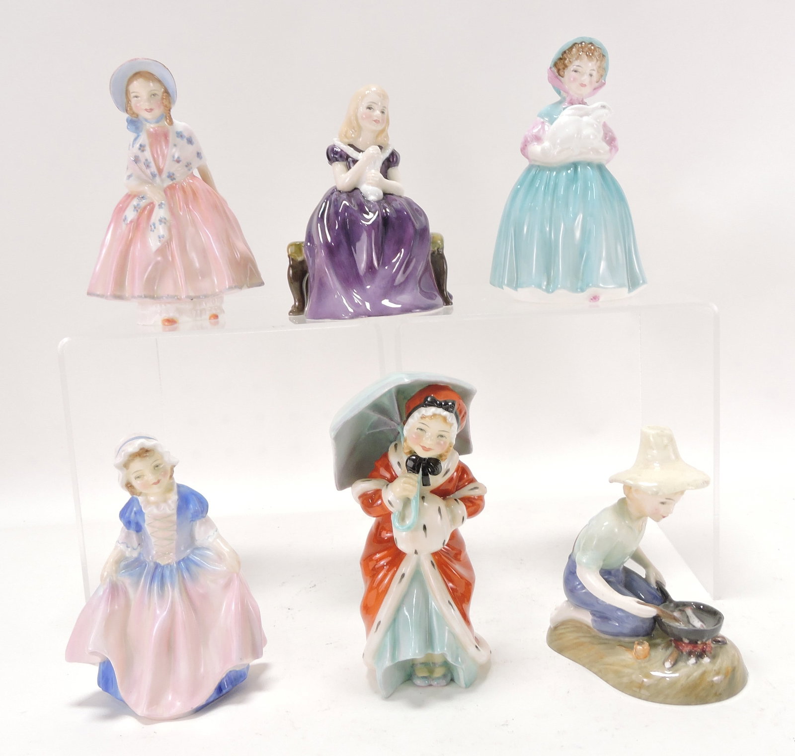 Royal Doulton lot of 6 lady figures,: 4" to 6": Lily, Affection, Bunny, Dinky Do, Miss Muffet, River Boy