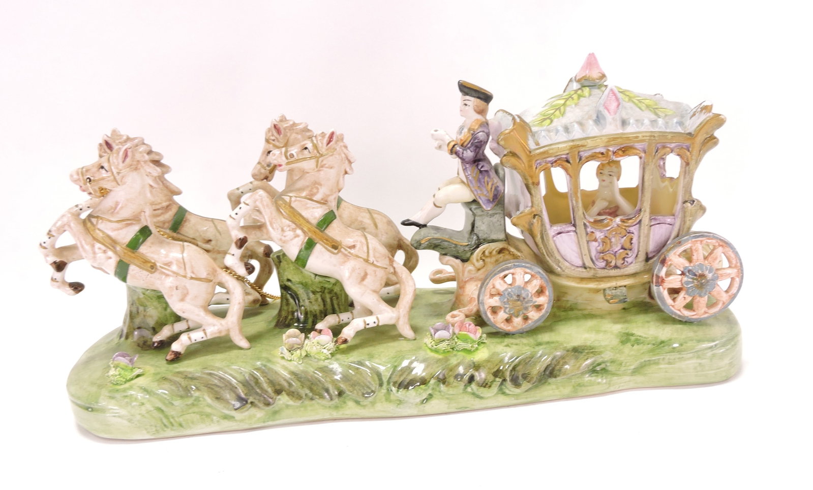 Italian porcelain figure of carriage and: horses, 6"h, 14"l