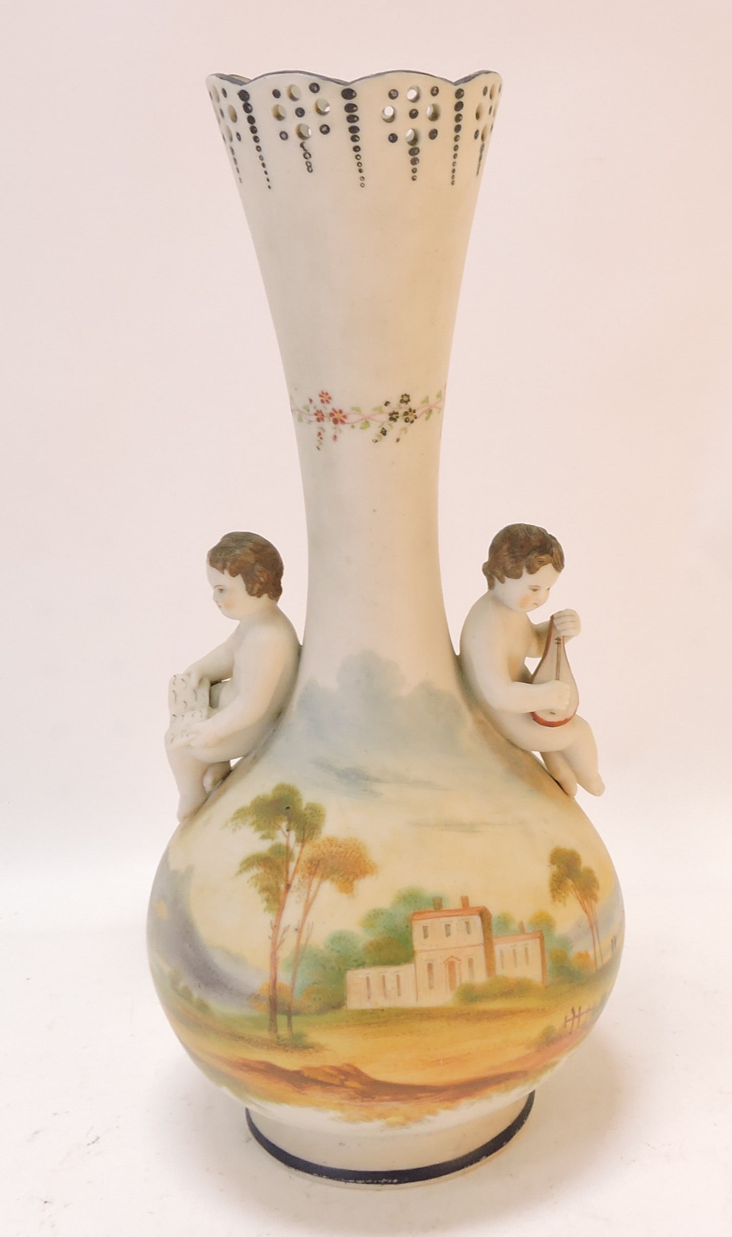 Parianware decorated vase with: cherubs, 11 1/2"