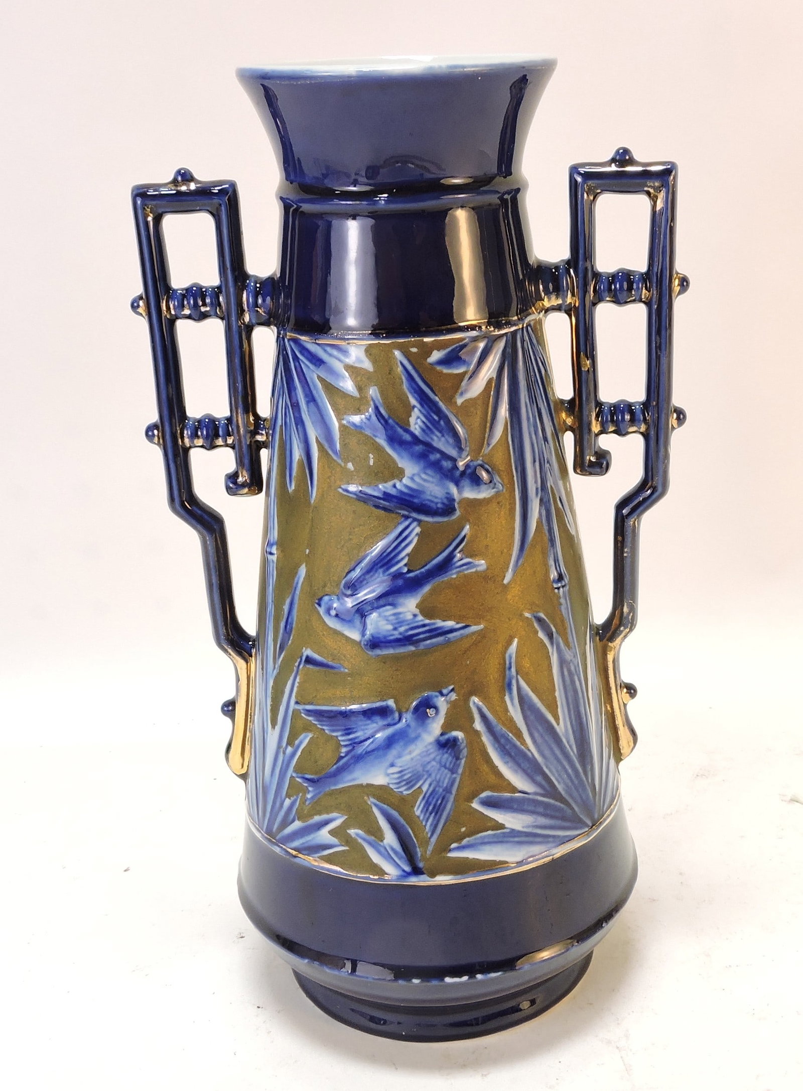 Cobalt porcelain 9 1/2" vase with birds: .