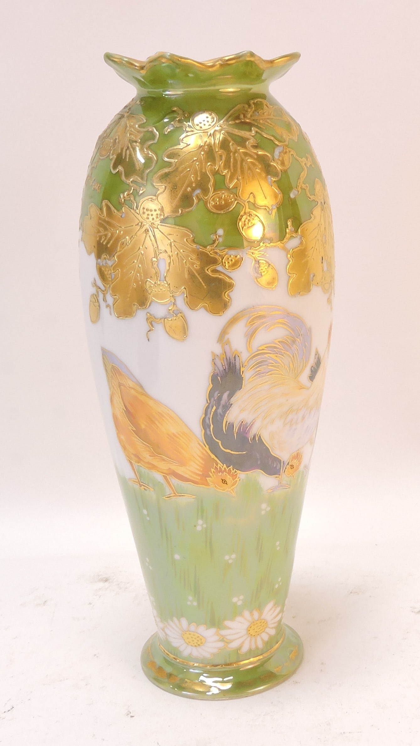 German porcelain 9" vase with chickens: .