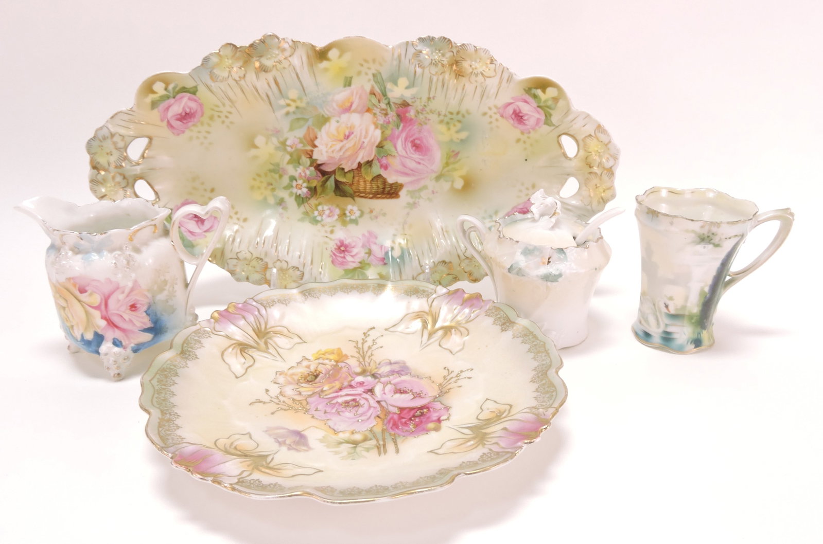R.S. Prussia lot of 5 pcs - celery tray,: mustard, swan cup, creamer, and 7 1/2" plate