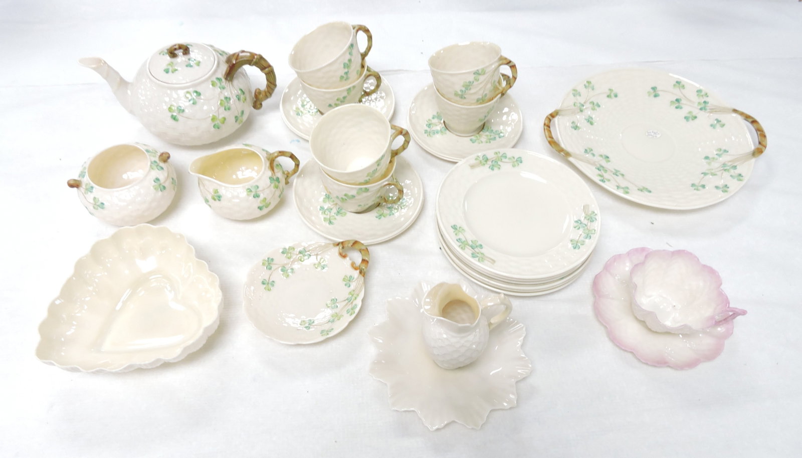 Belleek dessert set plus extras -: teapot, cream, sugar, 6 cups/saucers, tray, 6 dessert plates, and more
