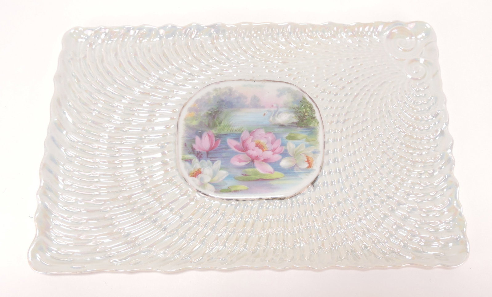 Royal Bayreuth (attributed) shell,: water lily, and swan tray, 7 1/2" x 11 1/2"
