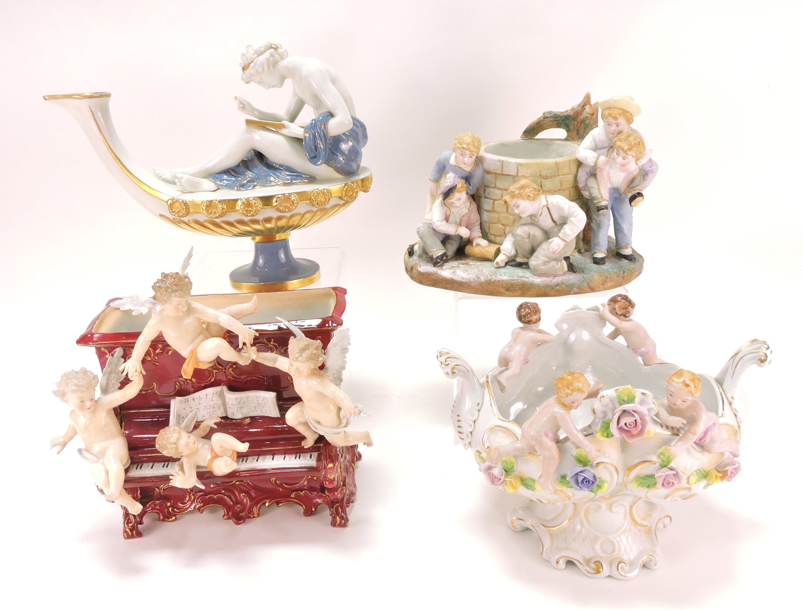 Porcelain lot of 4 figural pieces,: various condition, 6 1/2" to 9"
