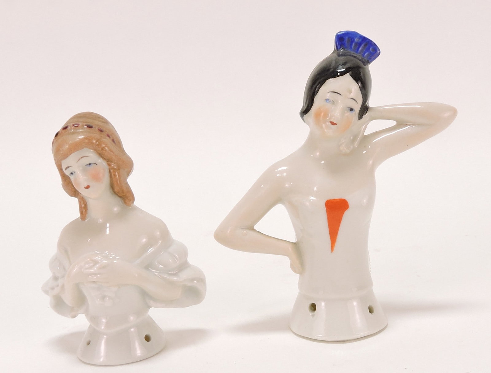 Porcelain lot of 2 pin cushion dolls,: 3" & 4"