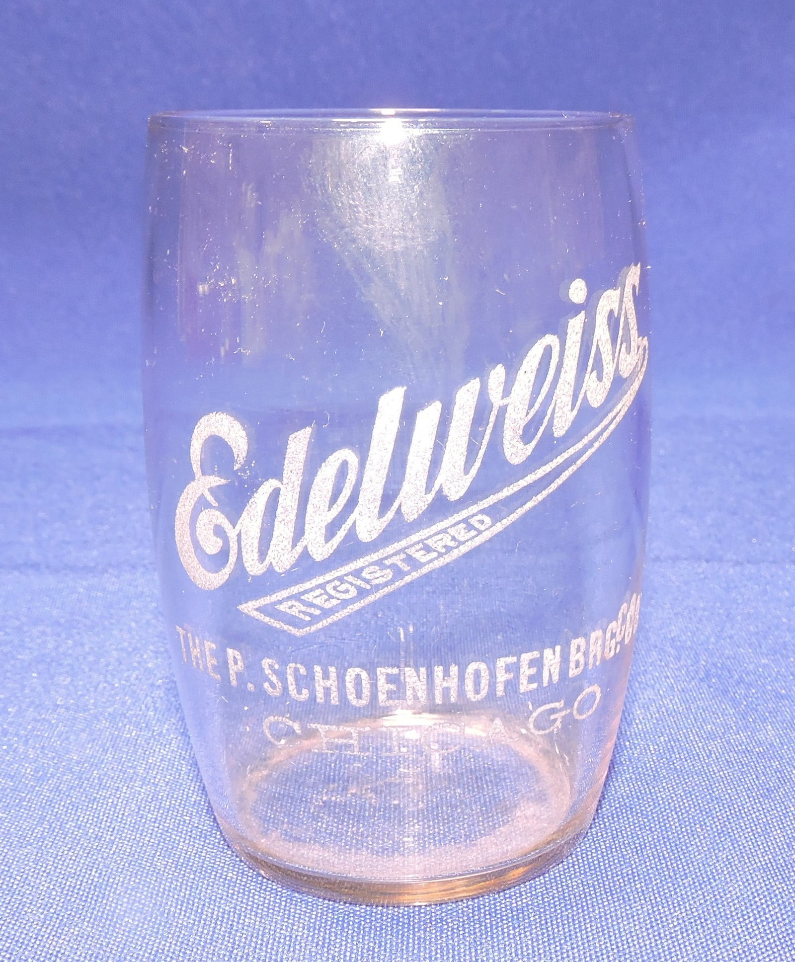 Edelweiss Pre-Prohibition etched beer: glass, 3 1/2", The P. Schoenhofen Brg Co Chicago