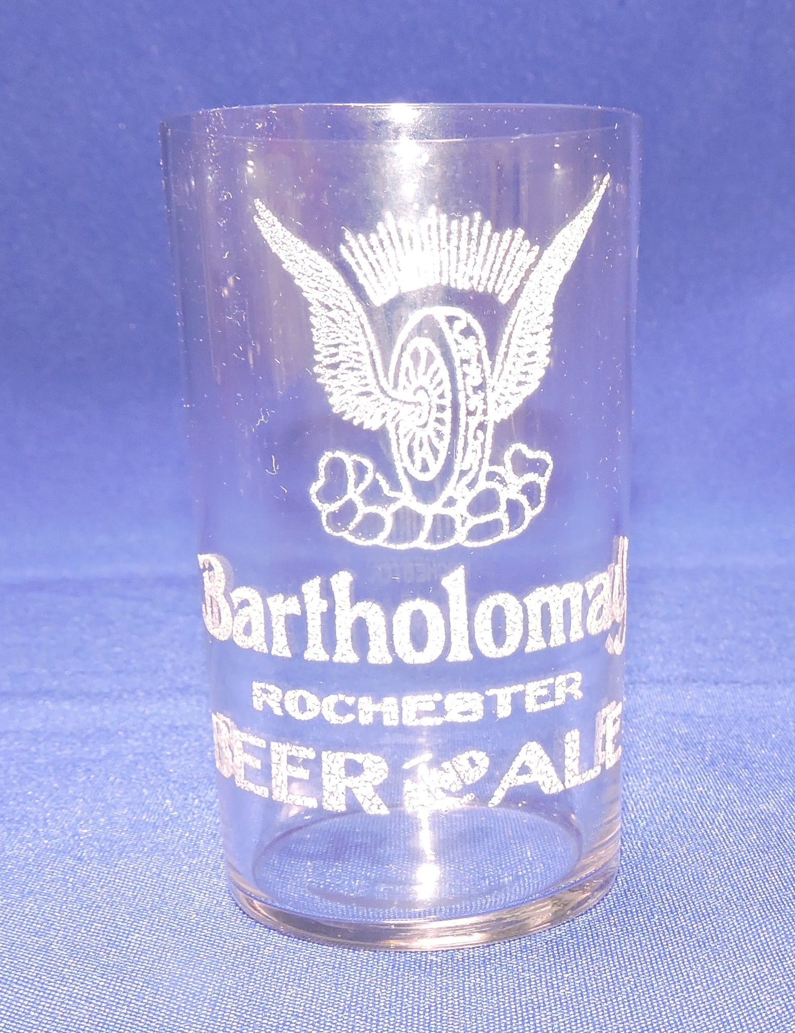 Pre-Prohibition etched beer glass,: Bartholomay, Rochester, 4"