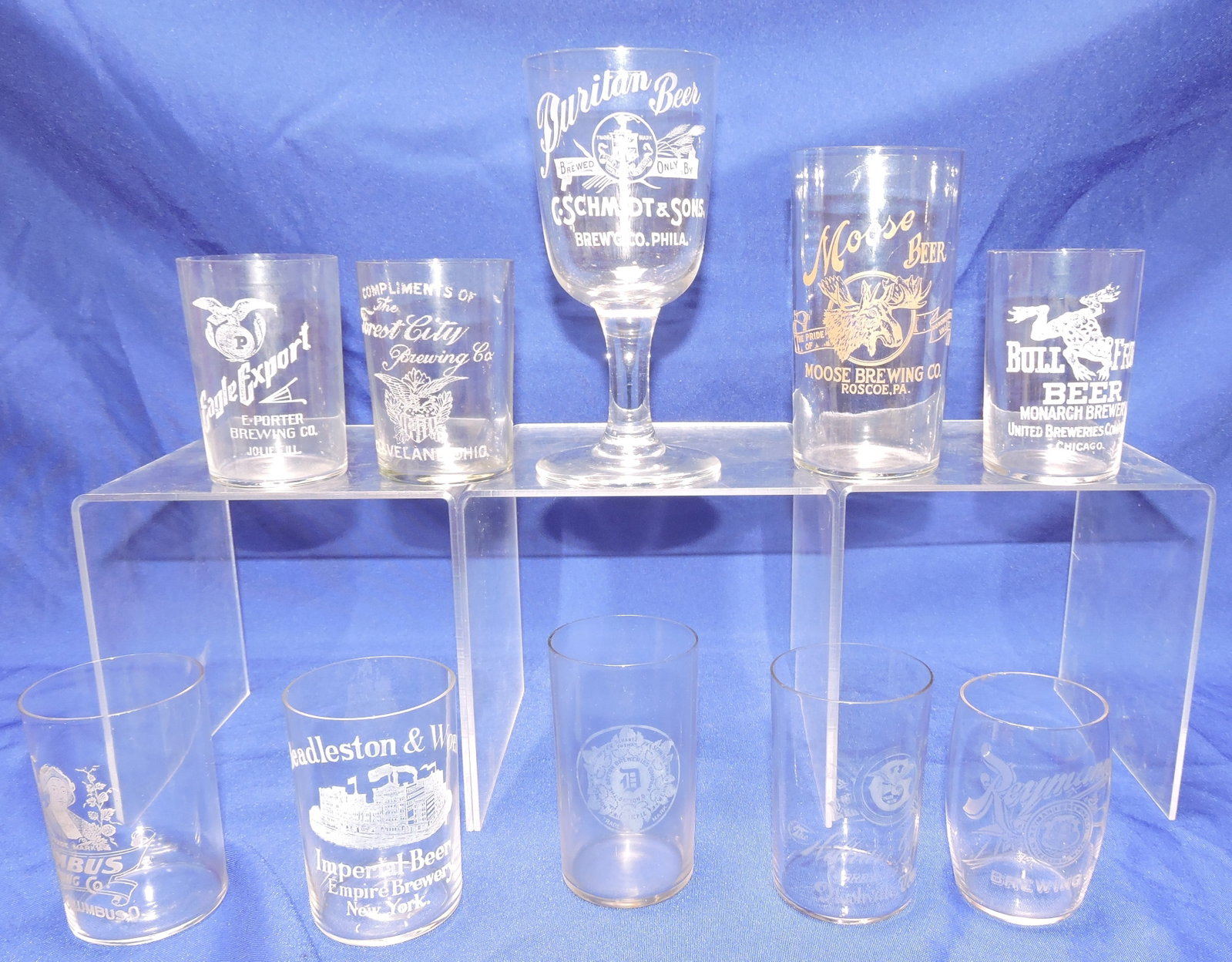 Pre-Prohibition etched beer glass lot: of 10, minor nicks