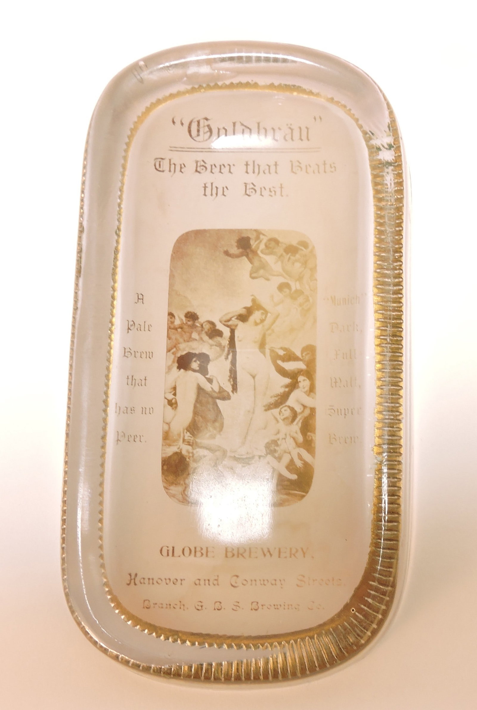 Beer advertising glass paperweight, (1 of 1)