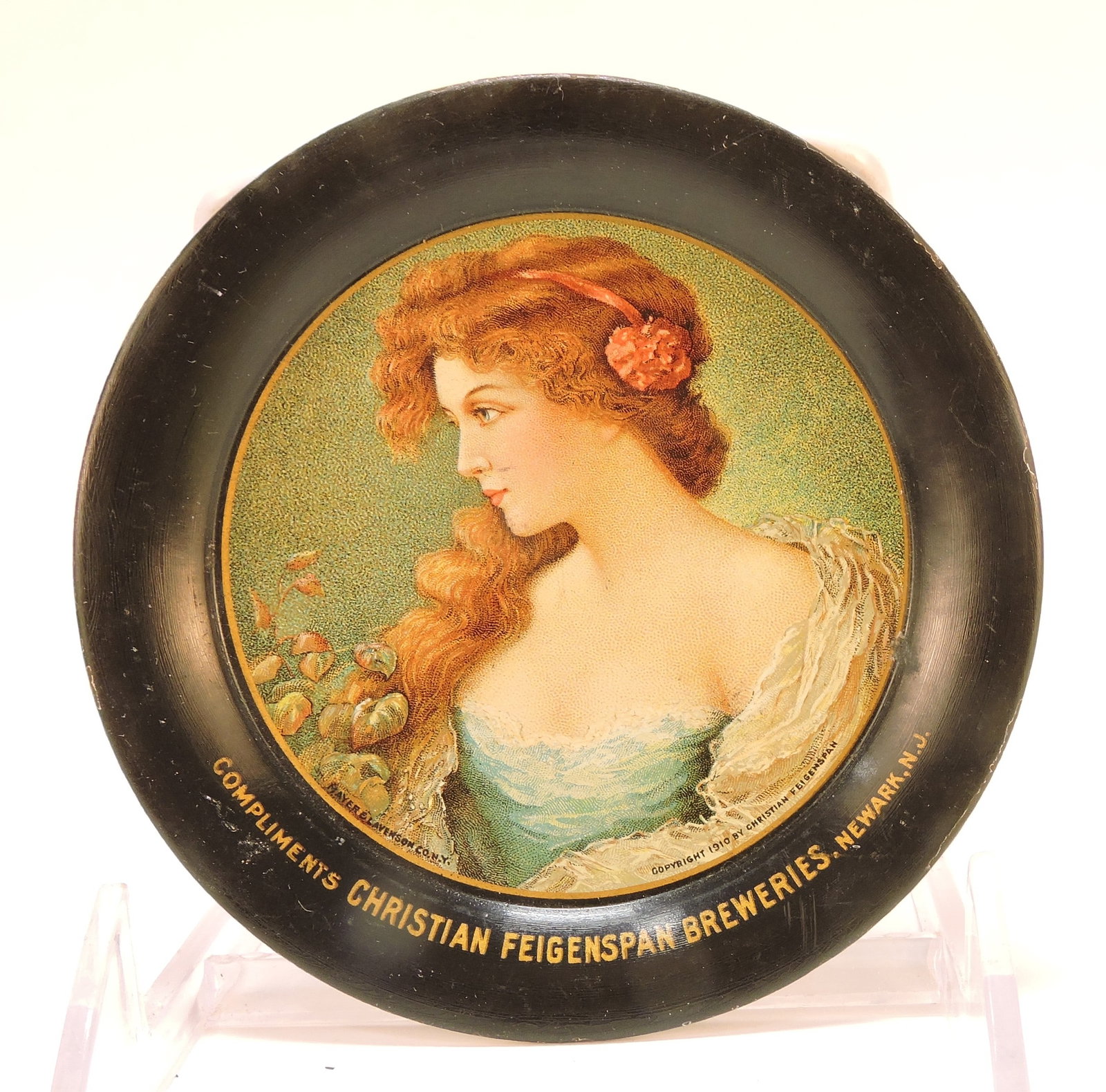 Tin beer advertising tip tray,: Christian Feigenspan Breweries, Newark, NJ, 4 1/2"