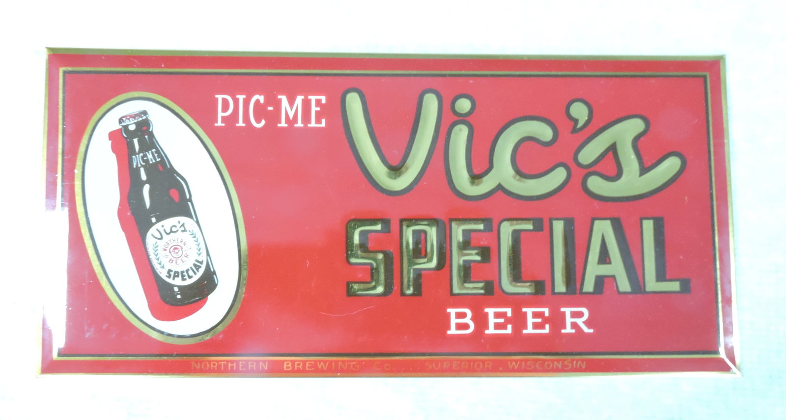 Vic's Special Beer tin over cardboard: sign, 5 1/2" x 11 1/2"