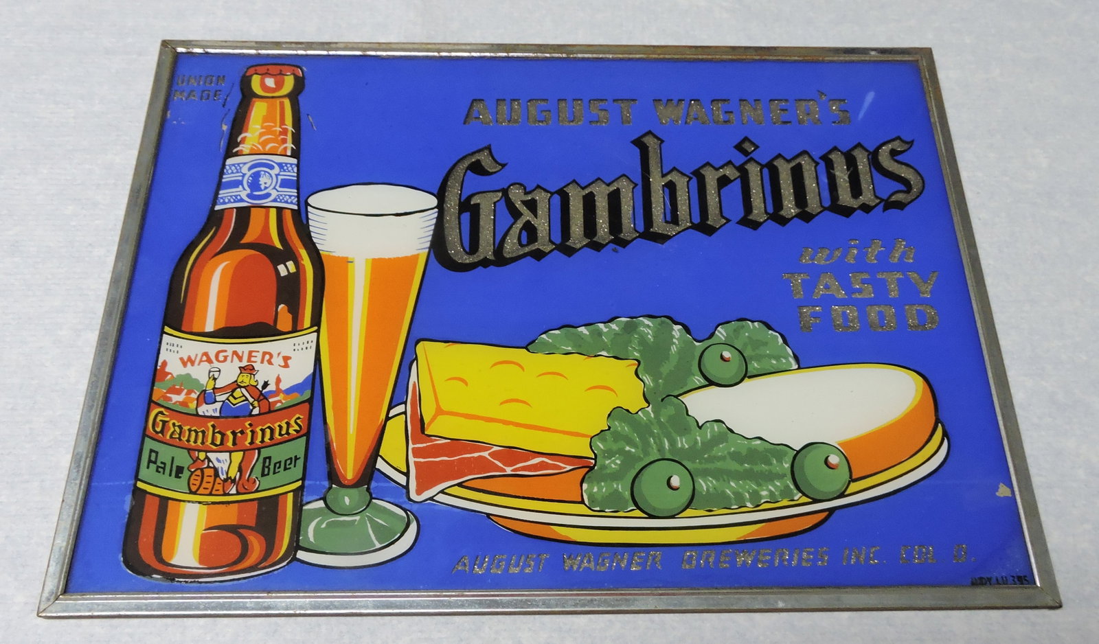 August Wagner Gambrinus glass beer: sign, 10 1/2"x14 1/2"