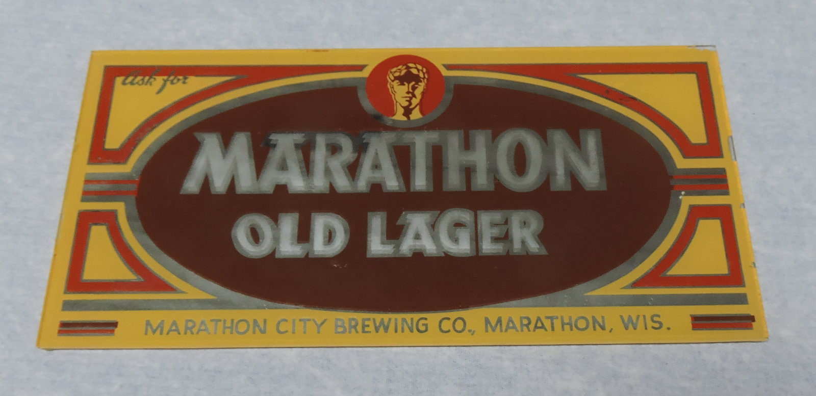 Marathon Old Lager glass beer sign,: 4"x8"