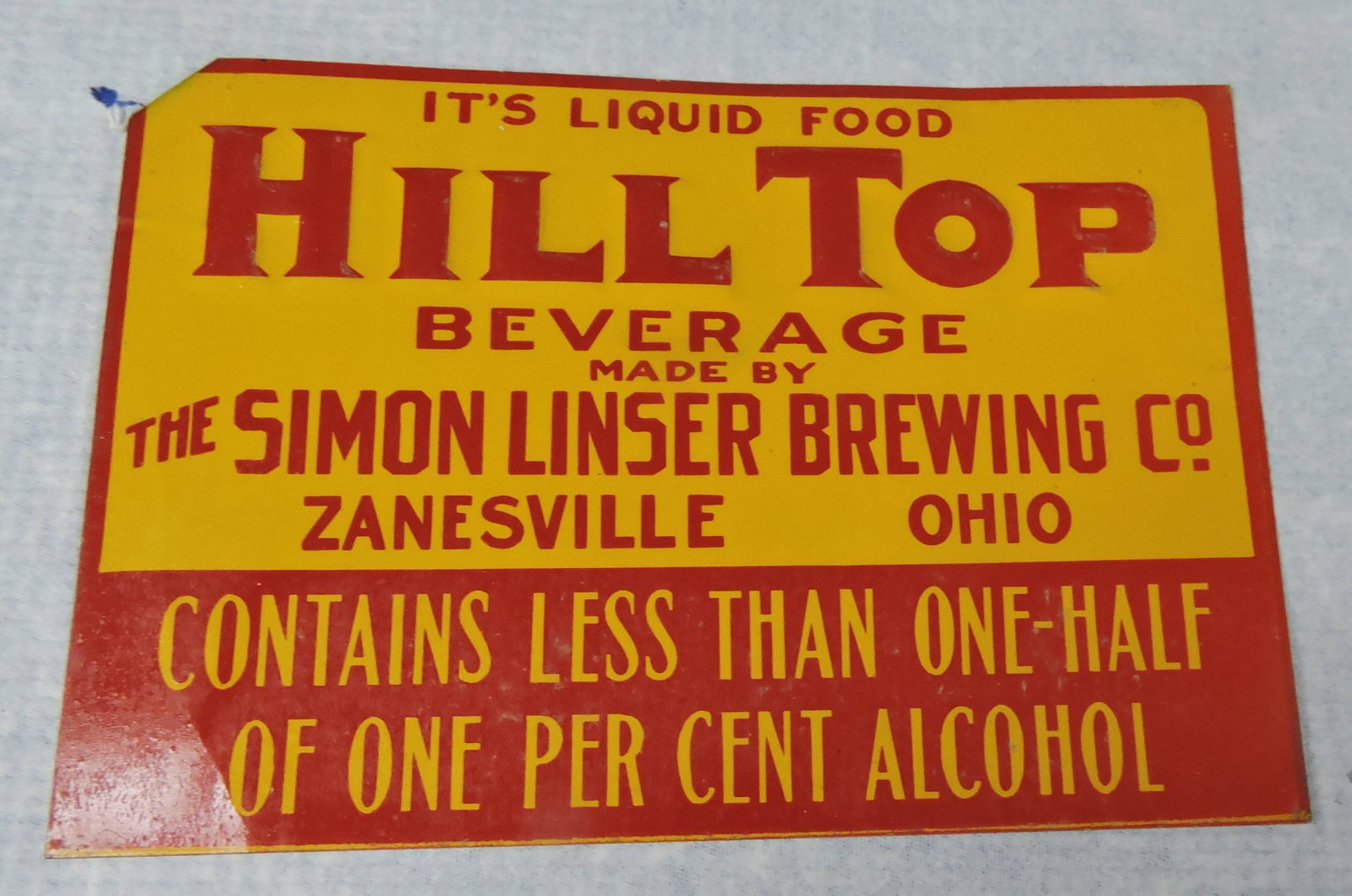 Hill Top Beverage tin embossed sign, (1 of 1)