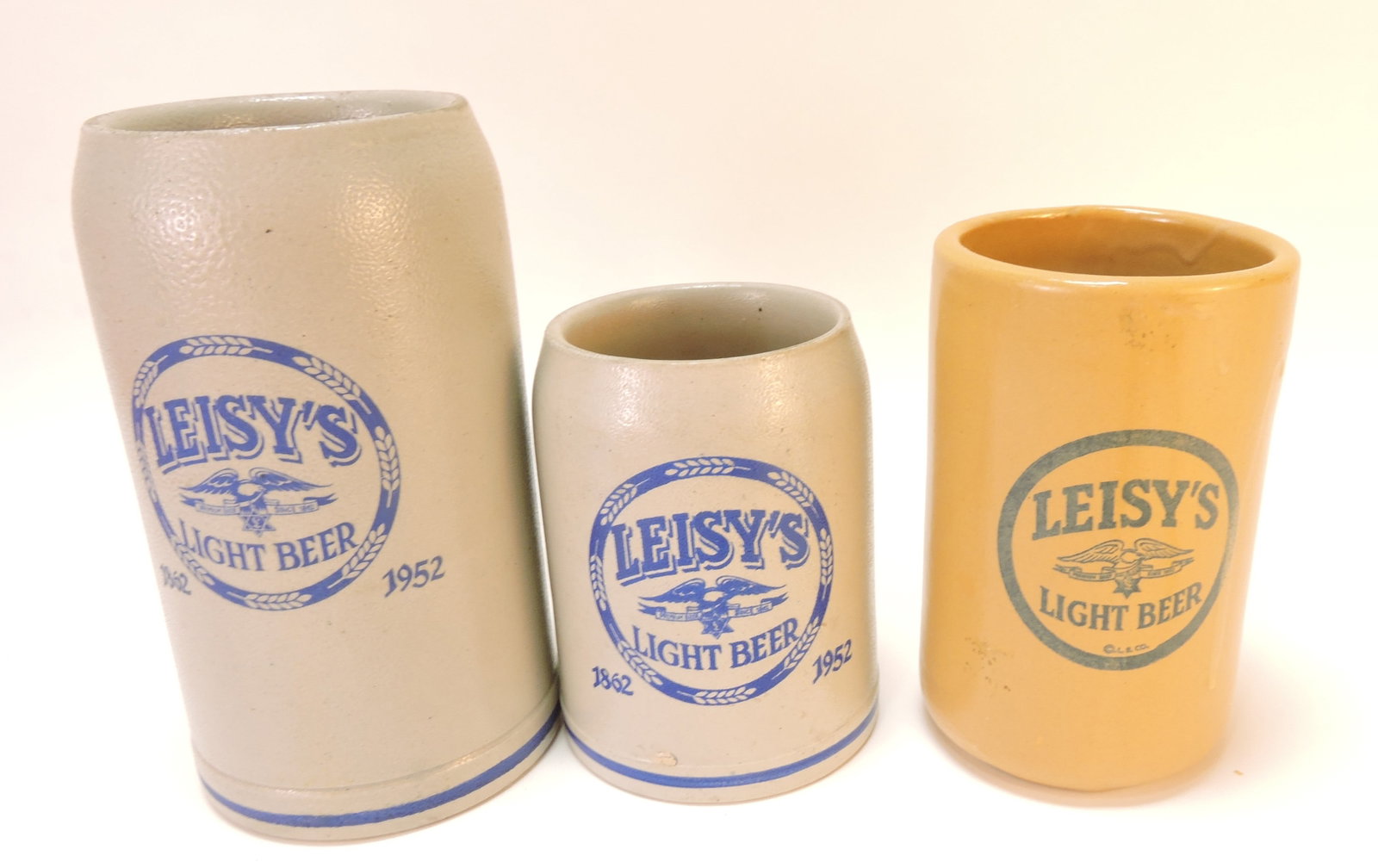 Leisy's lot of 3 stoneware beer mugs: .