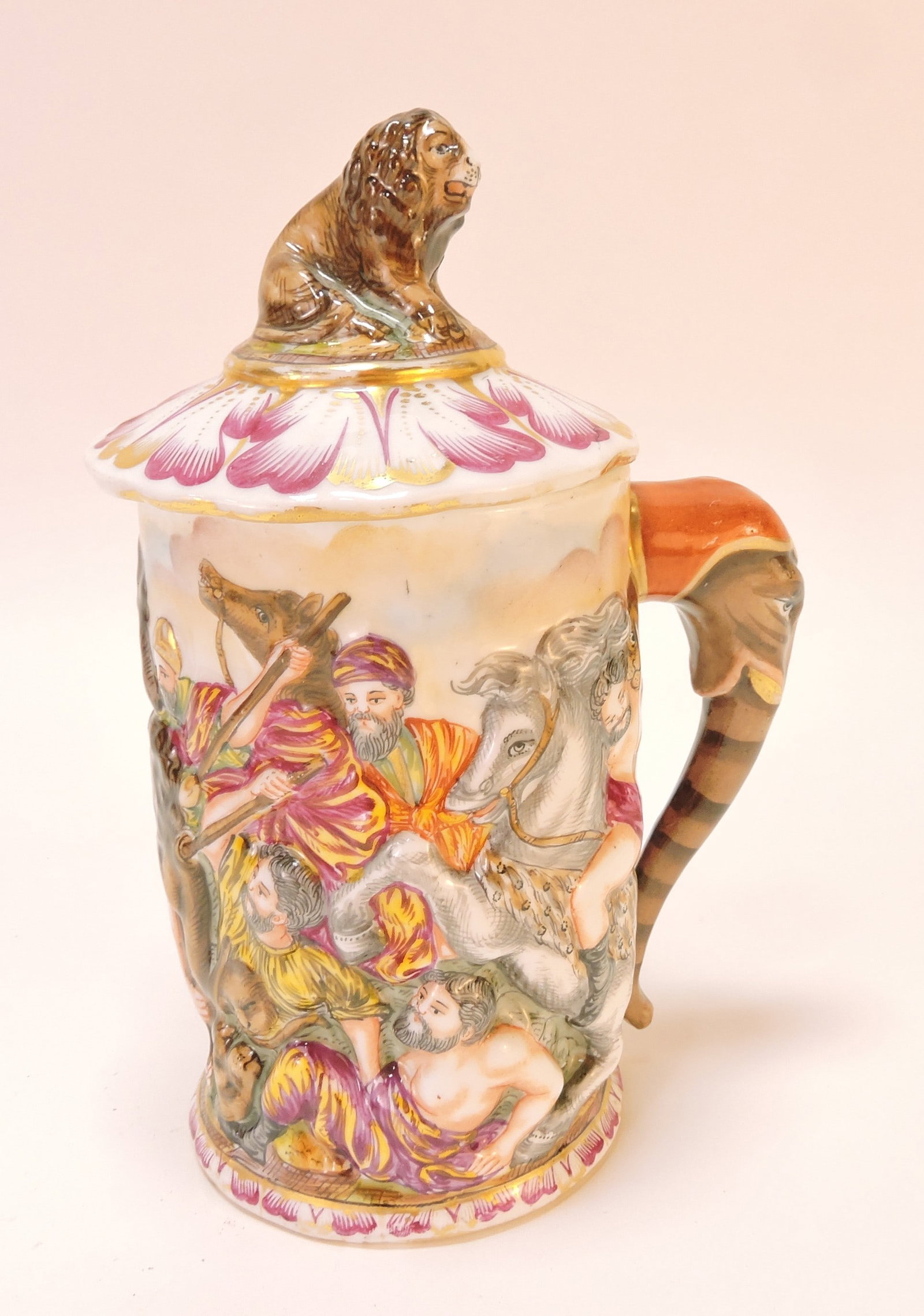 Capodimonte 7" lidded stein,: lion finial, elephant handle