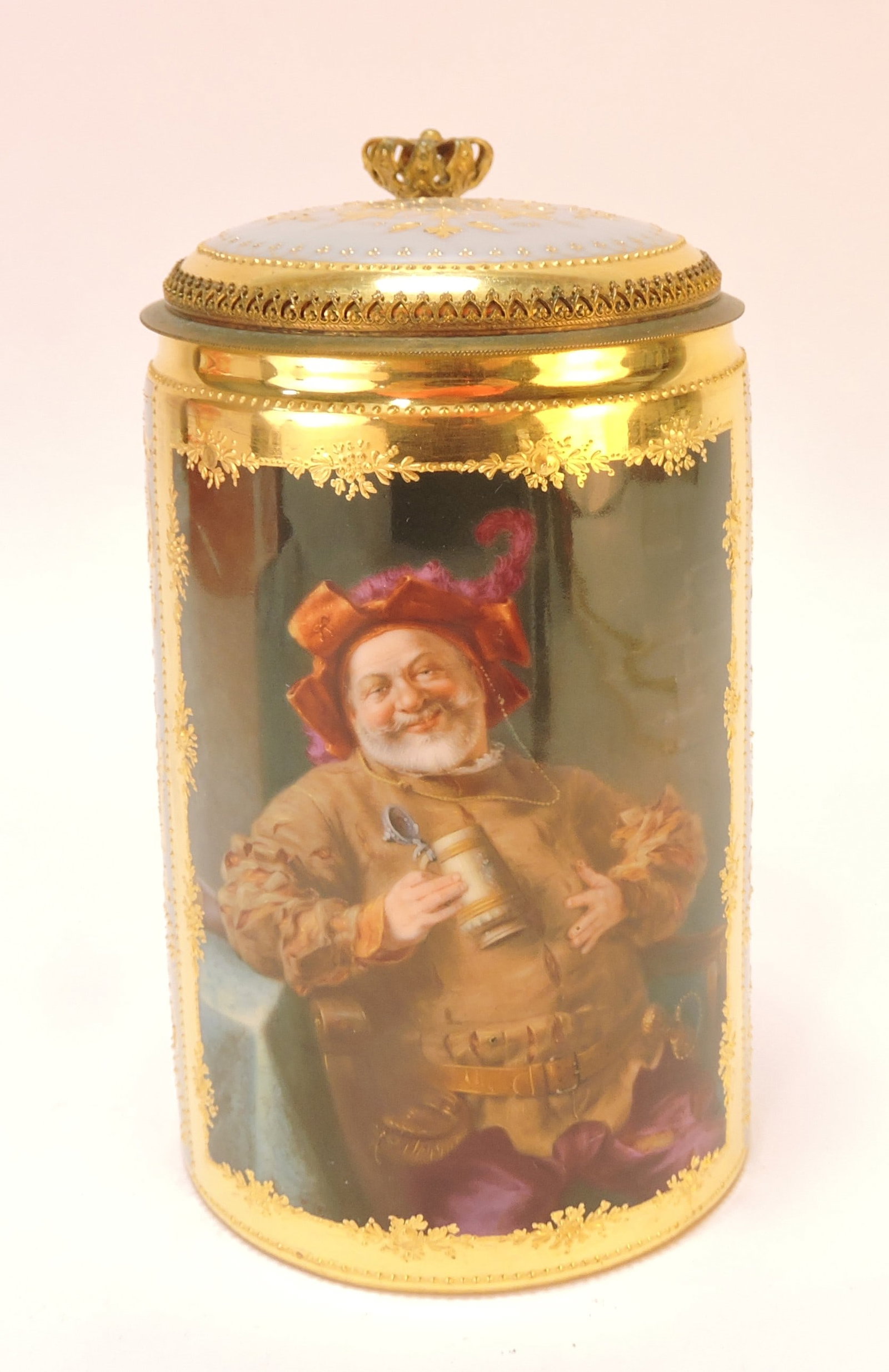 Royal Vienna fine porcelain stein: with hand painted portrait and heavy gold, 6"
