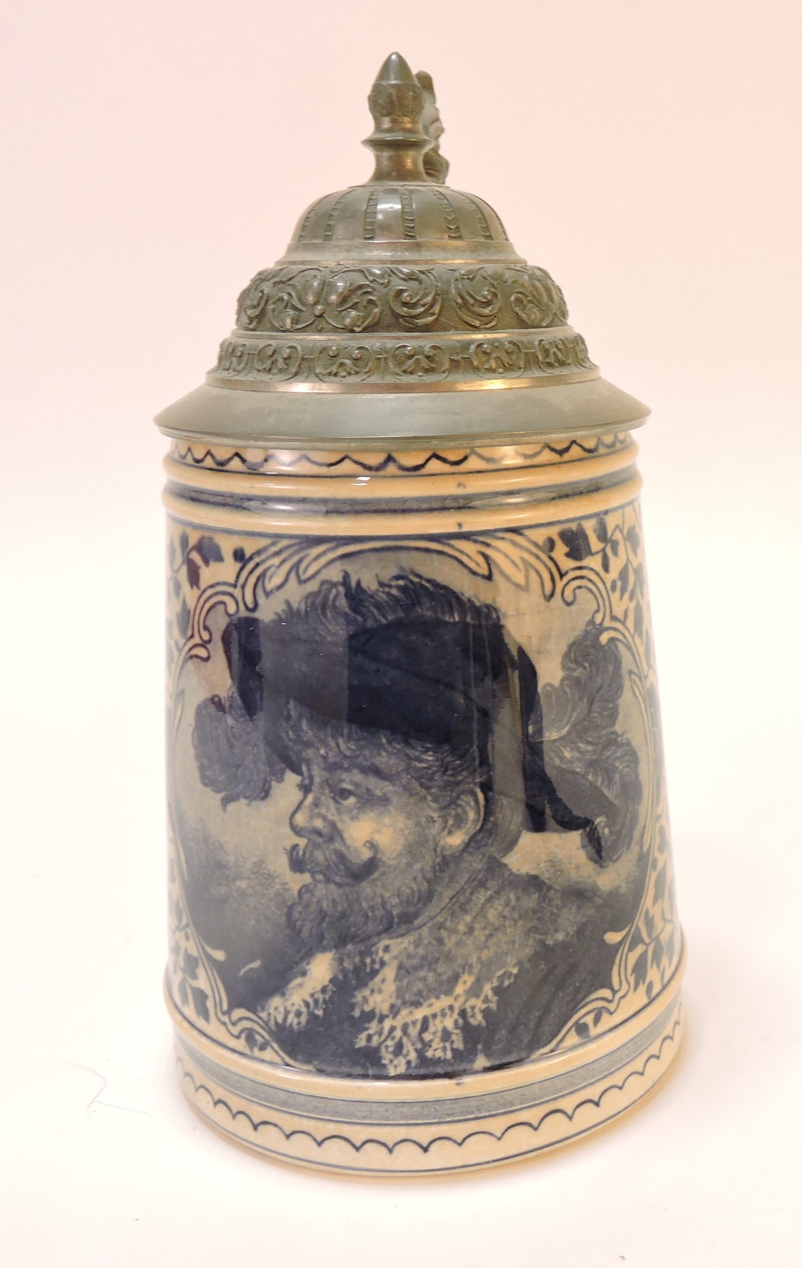 Royal Bonn blue & white portrait stein,: 7 1/4"