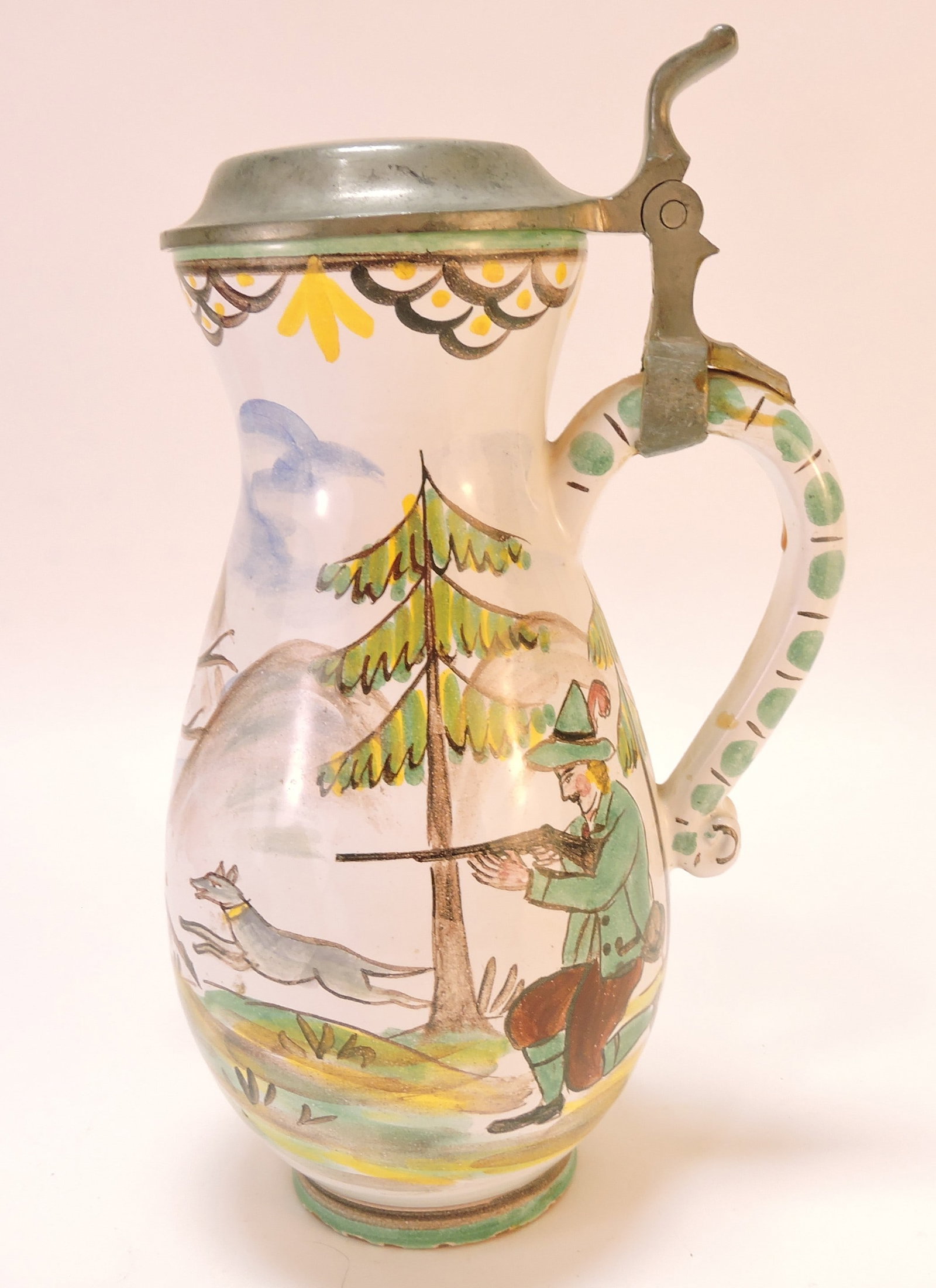 Hand painted ceramic hunting mug: with metal lid, 9"