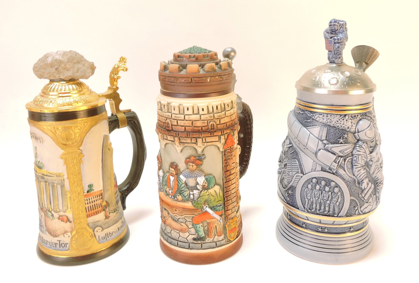 Lot of 3 collectible beer steins,: 8 1/2" to 10"