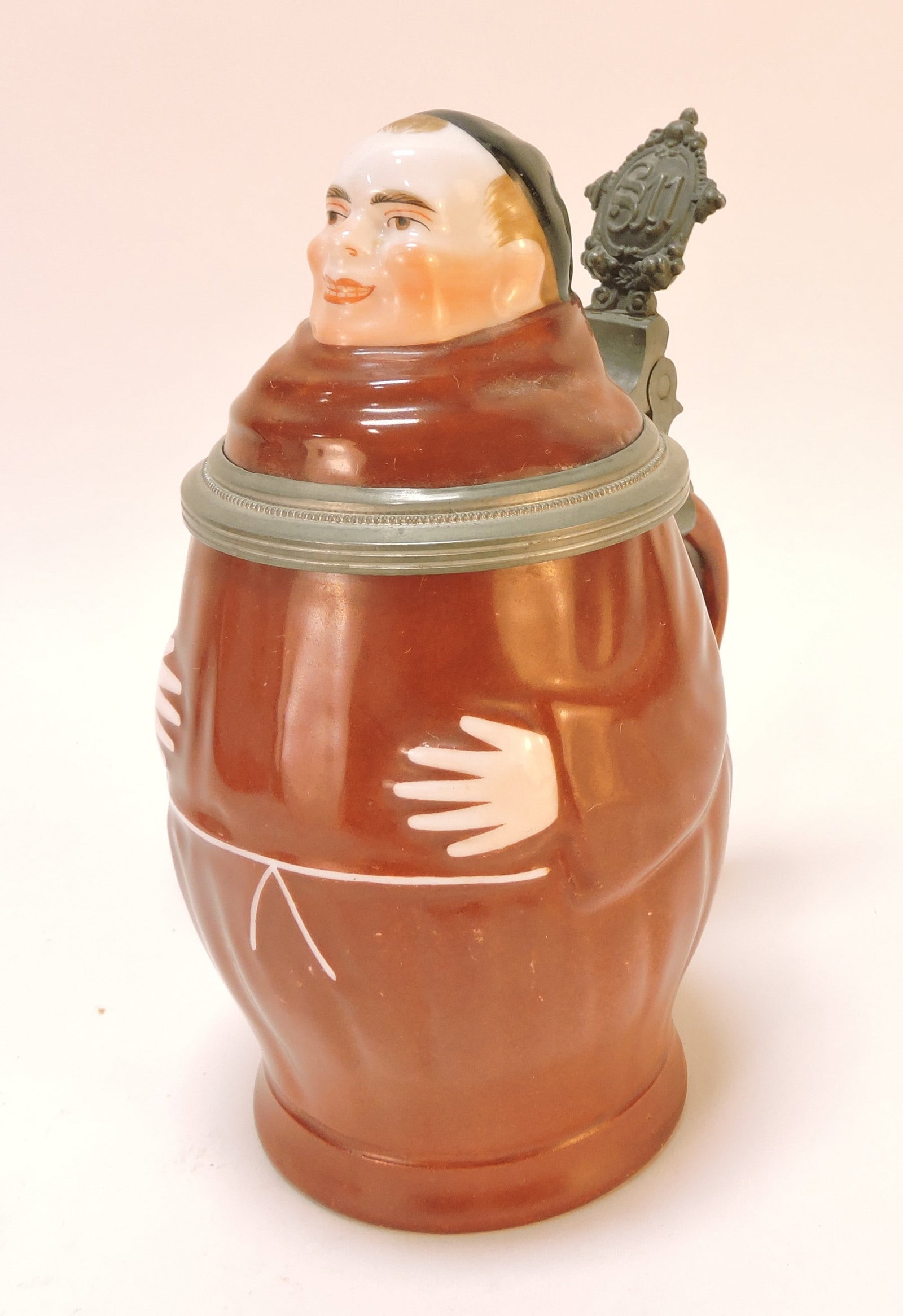 Porcelain character stein of a monk,: 7"