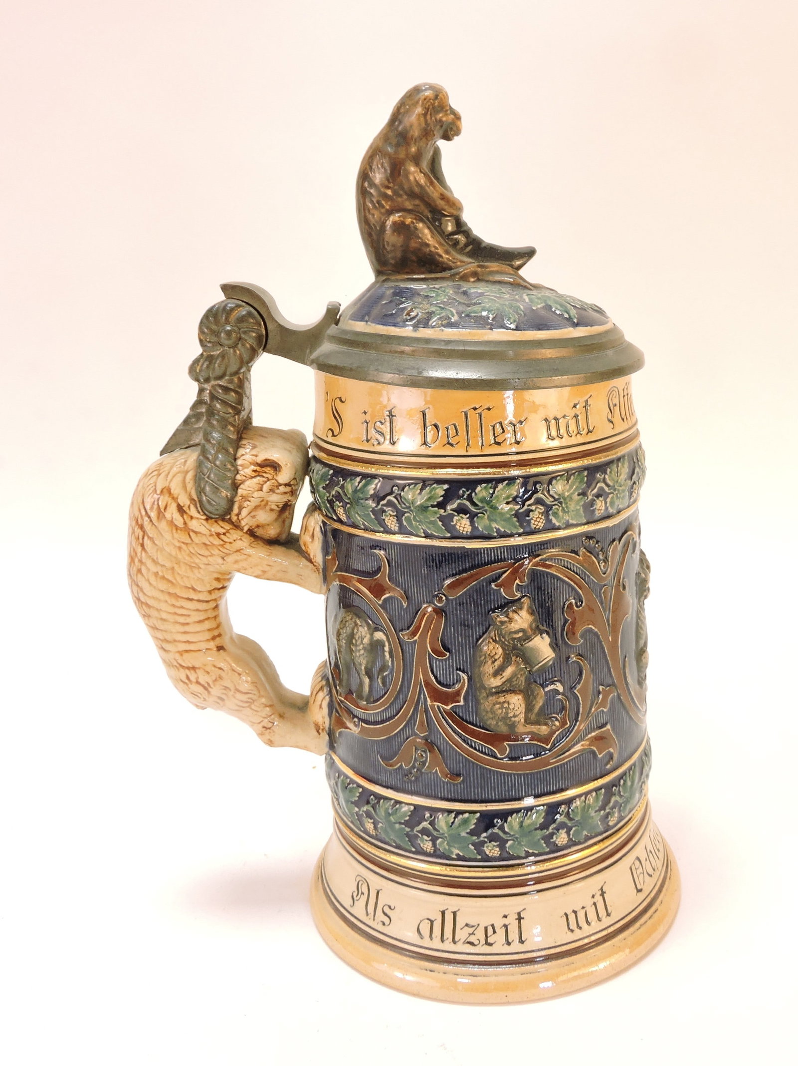 German stein with monkey finial and - 3