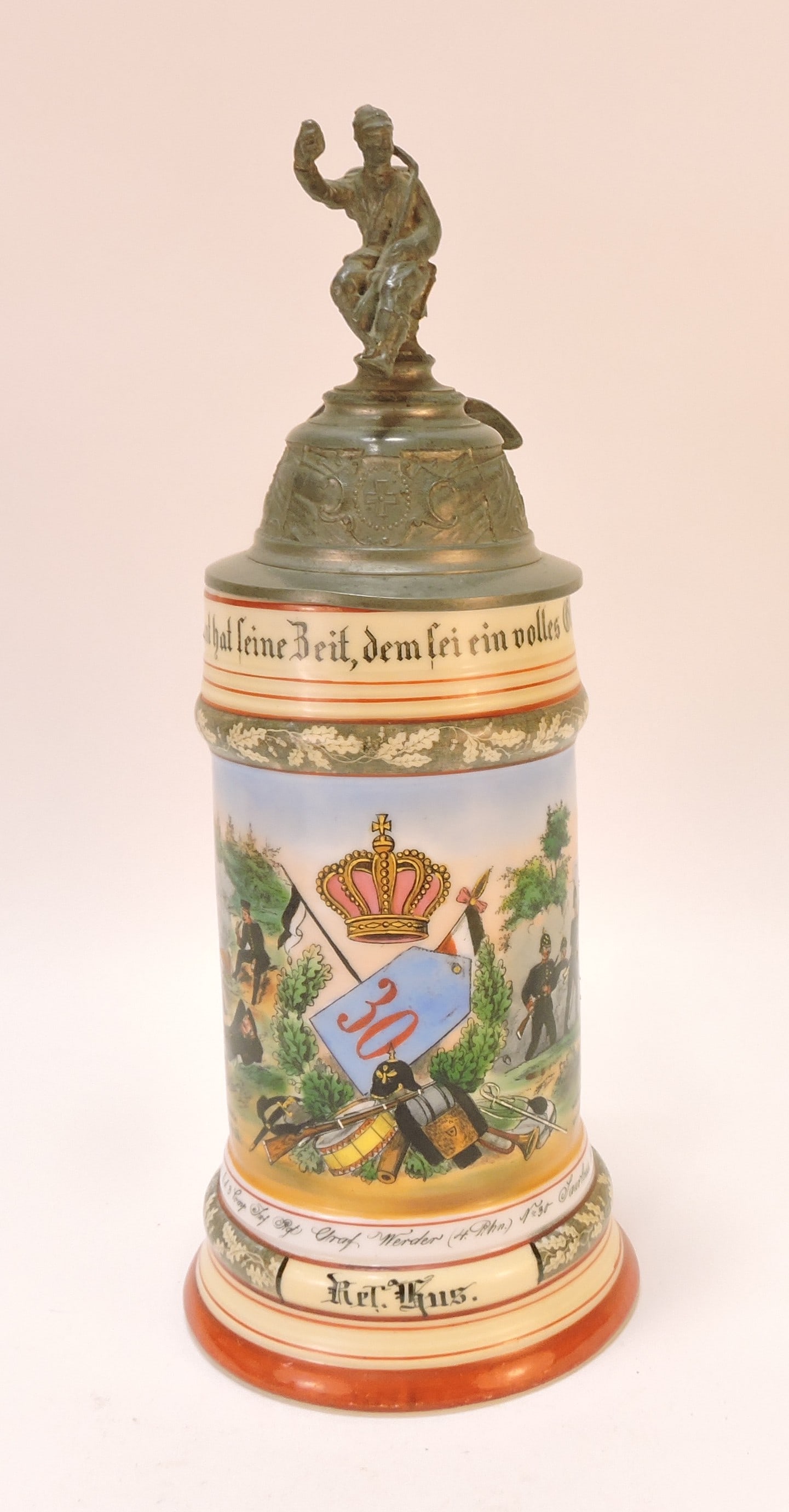 Regimental porcelain stein, 11",: lid is loose